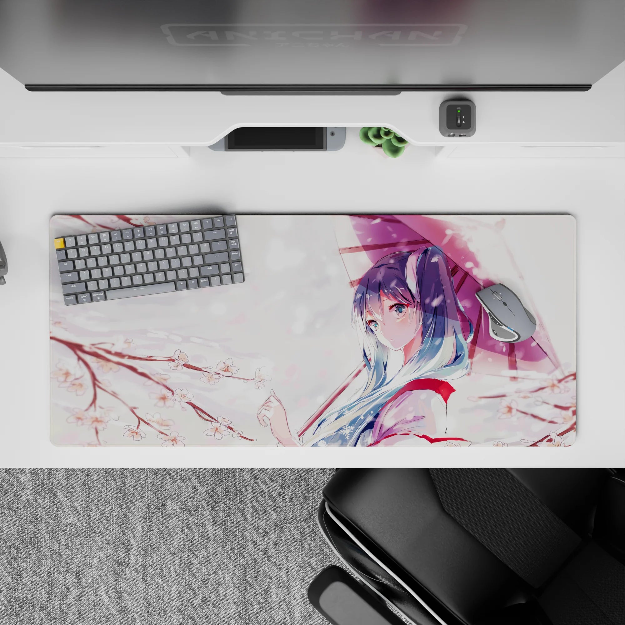 36x16 inches kawaii desk pad in soft pink and white, calm spring vibe with blush accents and clean lines.