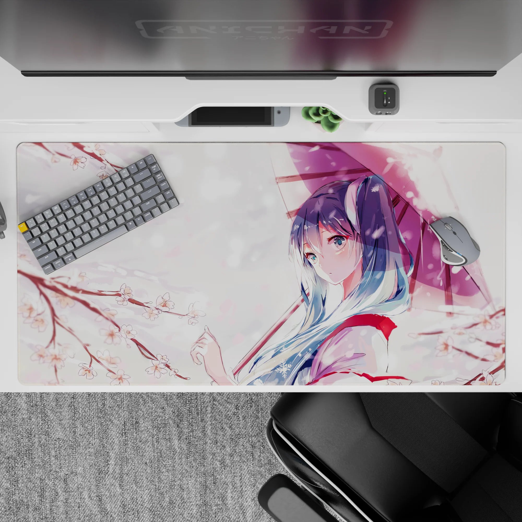 Calming pastel desk pad 40x20 inches in pink, white, and blue with dreamy cherry blossom vibe.