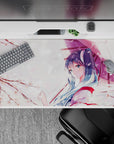 Calming pastel desk pad 40x20 inches in pink, white, and blue with dreamy cherry blossom vibe.