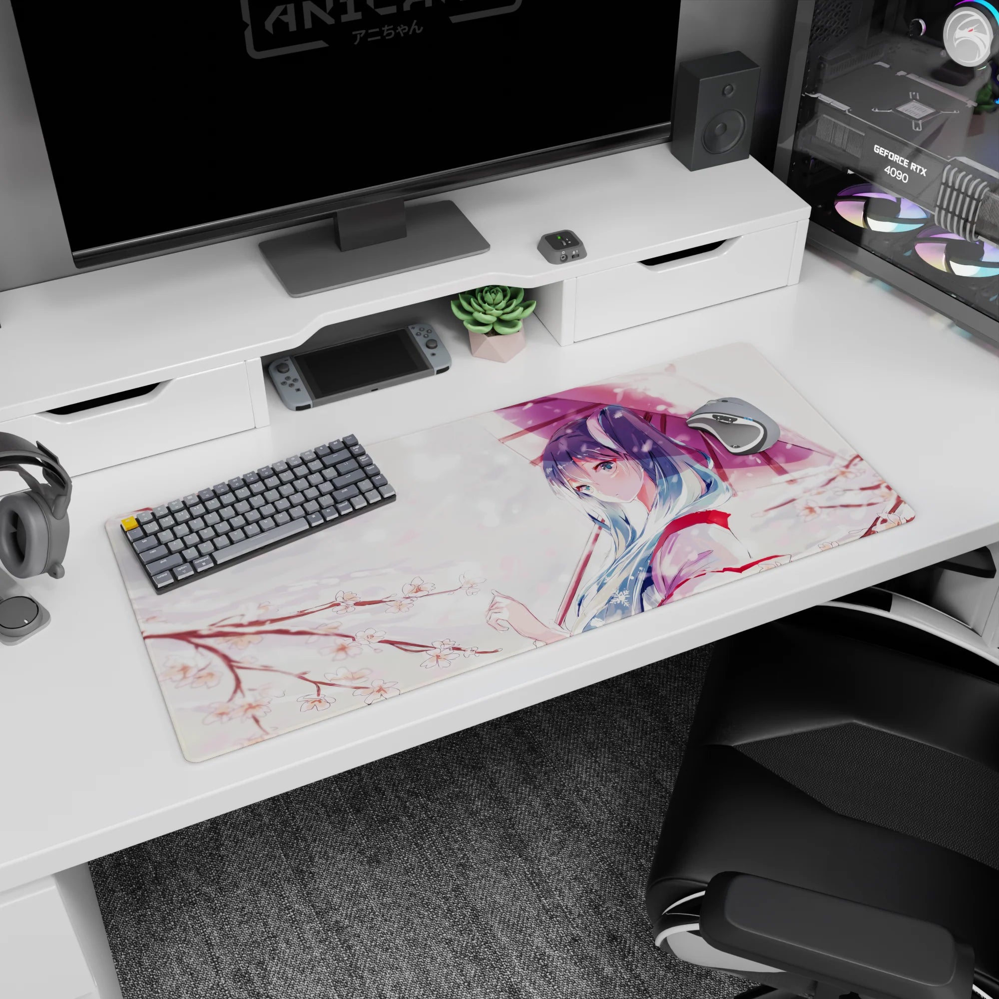 36x16 inches anime mouse pad showing shy blue-haired girl side-glancing beneath an umbrella in falling petals.