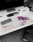 36x16 inches anime mouse pad showing shy blue-haired girl side-glancing beneath an umbrella in falling petals.