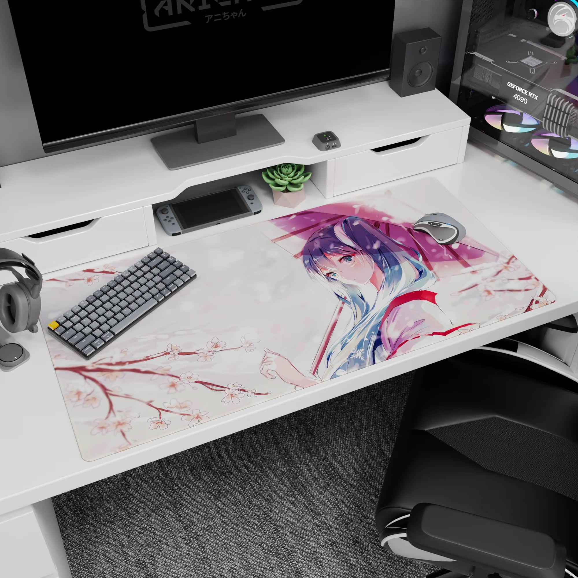 Blue-haired anime girl blushing and side-glancing under an umbrella on a 40x20 inches desk pad.