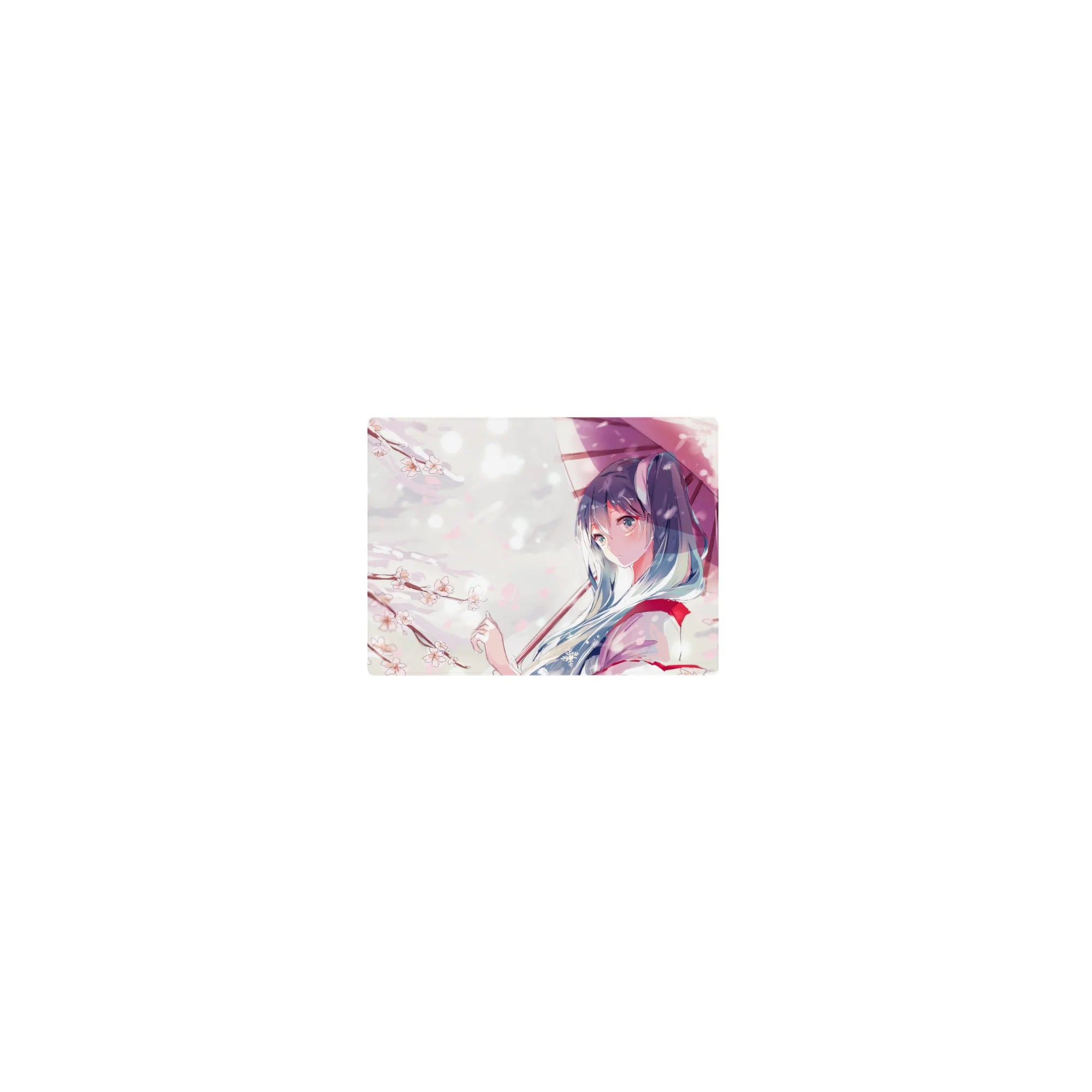 Classic anime girl mouse pad 14x10 inches with blue-haired girl, umbrella, and falling sakura petals.