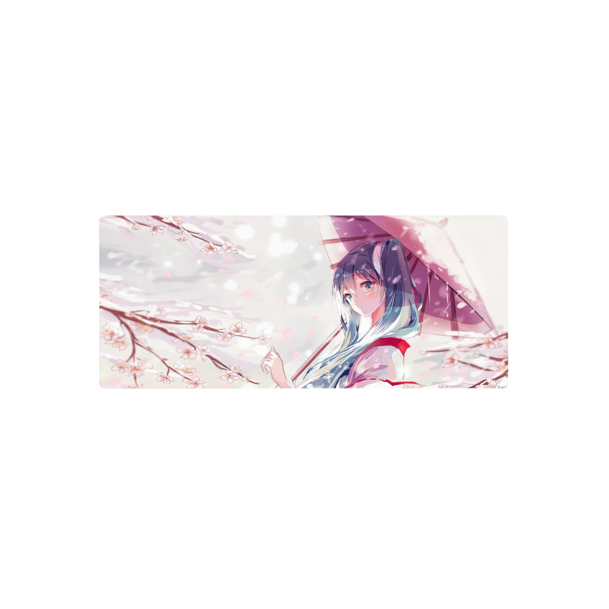 28x12 inches anime girl mouse pad with blue-haired girl under mauve umbrella and sakura petals.