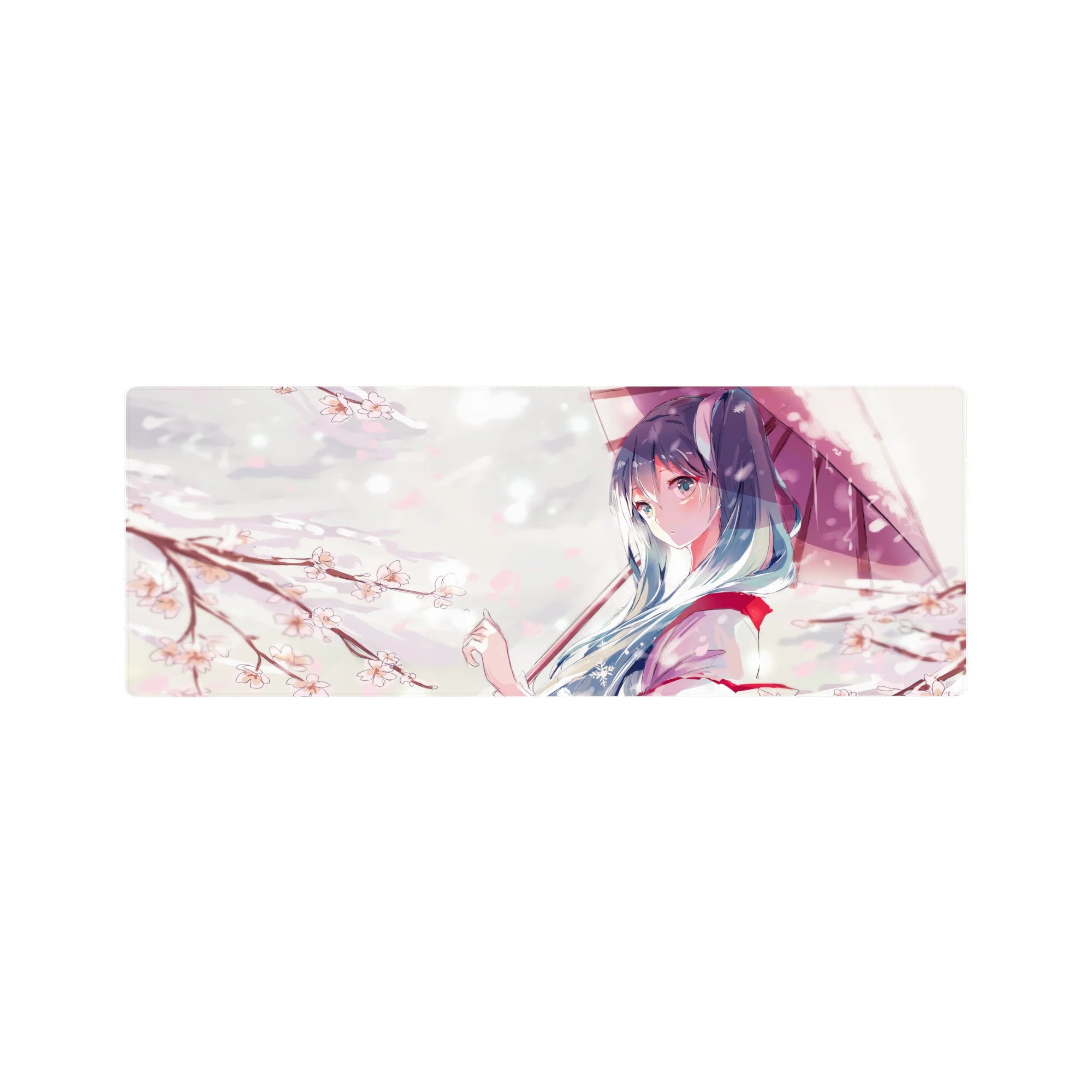 32x12 inches anime girl mouse pad with blue-haired girl under mauve umbrella and sakura petals.