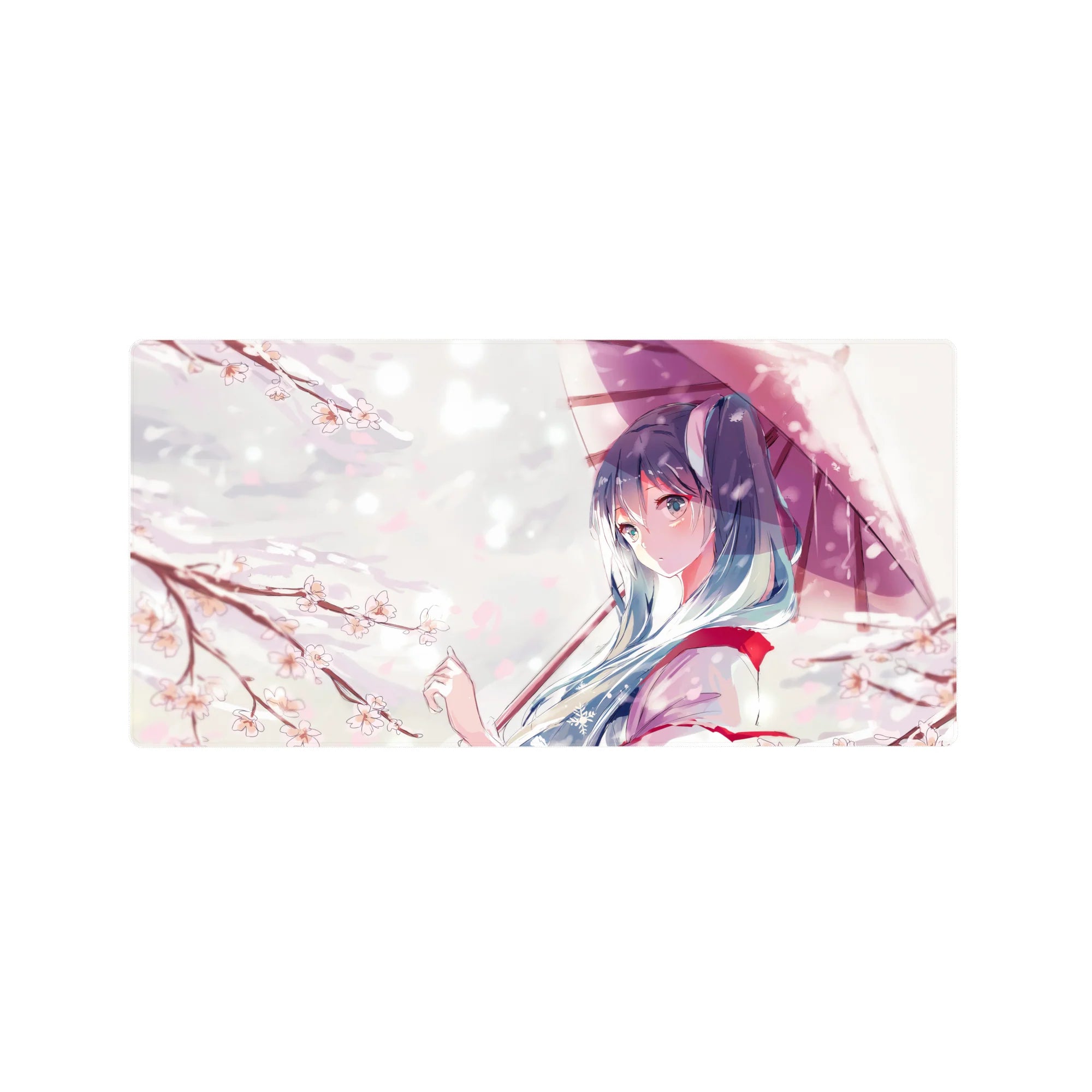 32x16 inches anime girl mouse pad with blue-haired umbrella girl and sakura petals on white.
