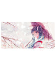 32x16 inches anime girl mouse pad with blue-haired umbrella girl and sakura petals on white.