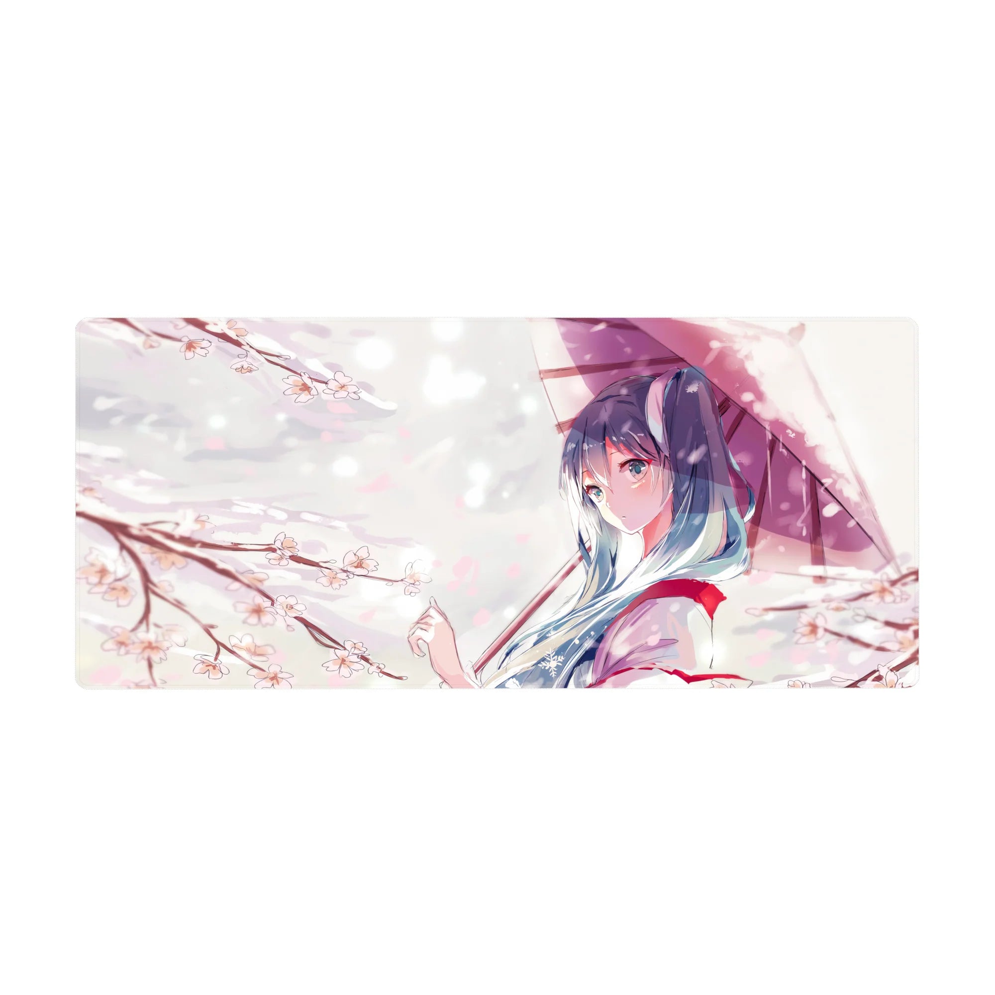 36x16 inches anime girl desk pad with blue-haired girl under mauve umbrella and drifting sakura petals.
