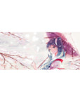36x16 inches anime girl desk pad with blue-haired girl under mauve umbrella and drifting sakura petals.