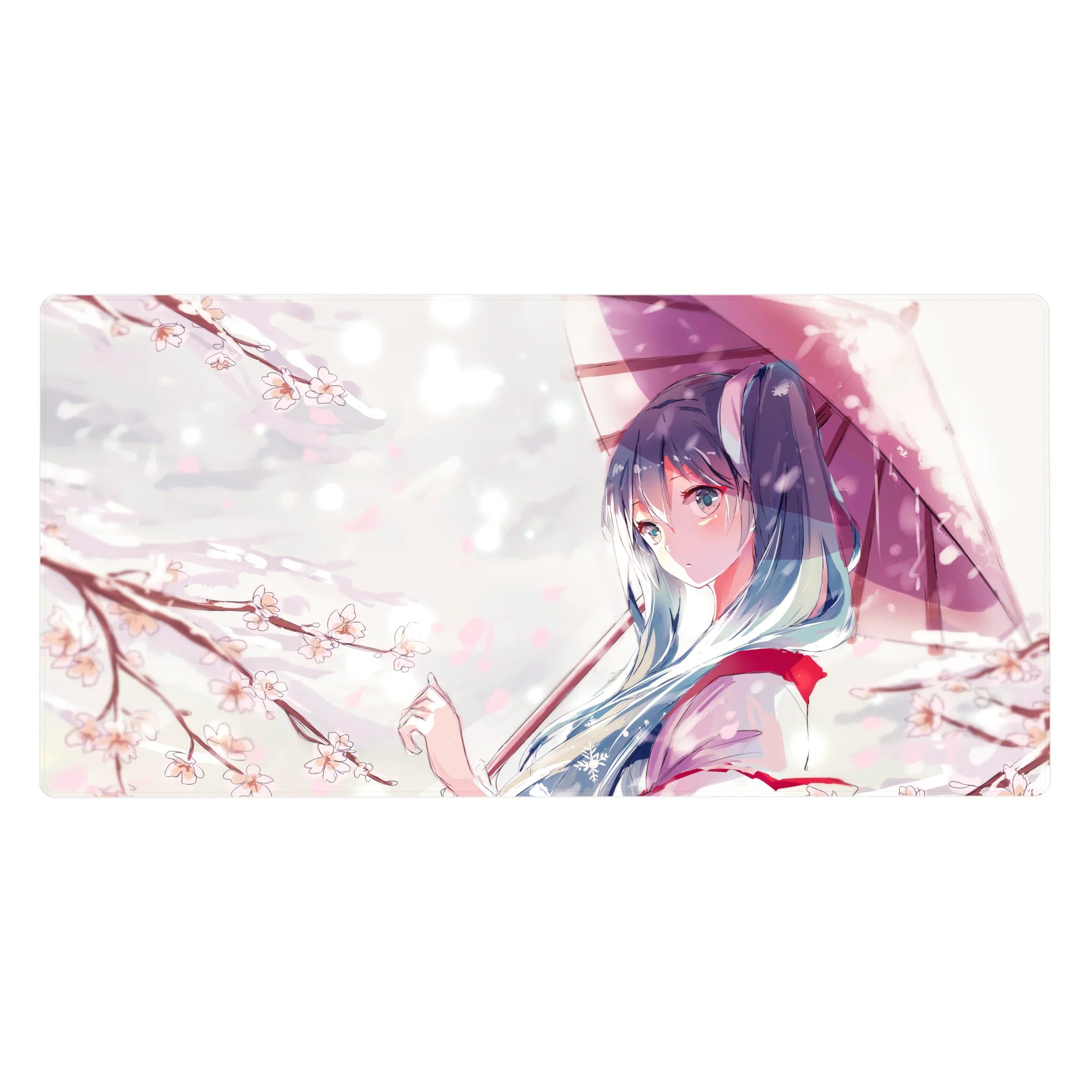 Anime girl desk pad 40x20 inches with blue-haired character under mauve umbrella and sakura petals.