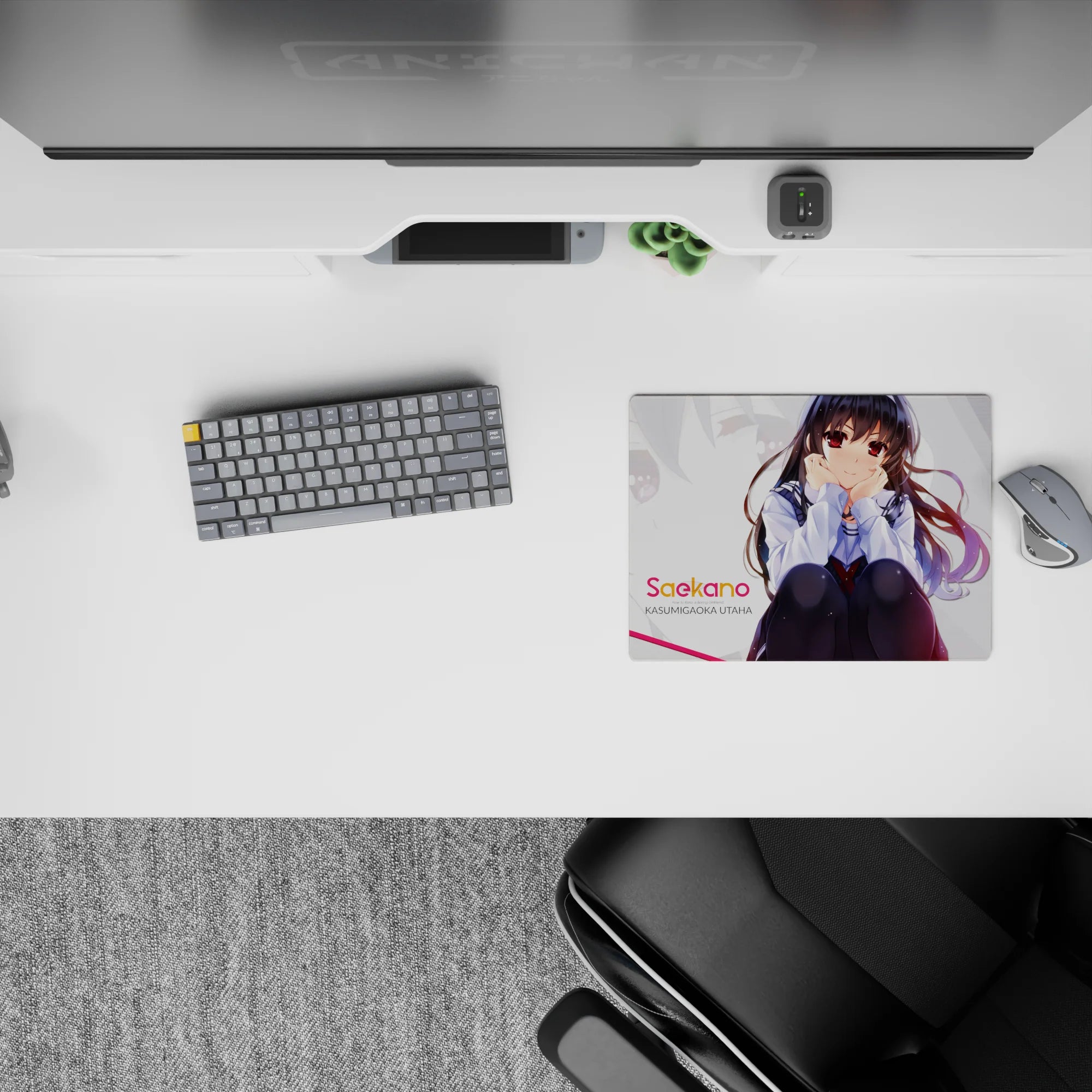 14x10 inches anime mouse pad in soft whites and pastels, flirty modern vibe with deep red highlights.