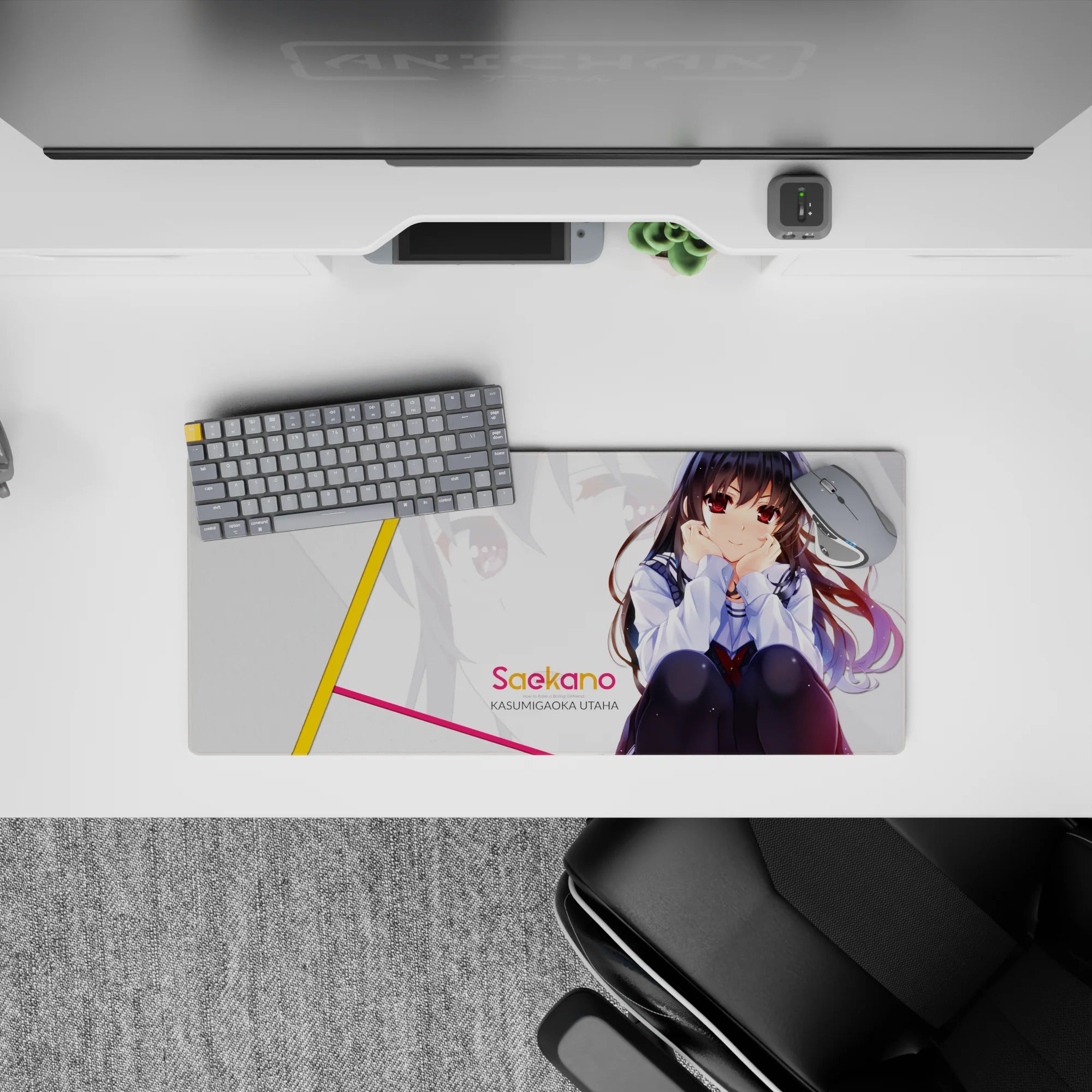 Cute desk mouse pad 28x12 inches in soft whites with deep reds and dark hair art, flirty modern vibe.