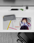 Cute desk mouse pad 28x12 inches in soft whites with deep reds and dark hair art, flirty modern vibe.