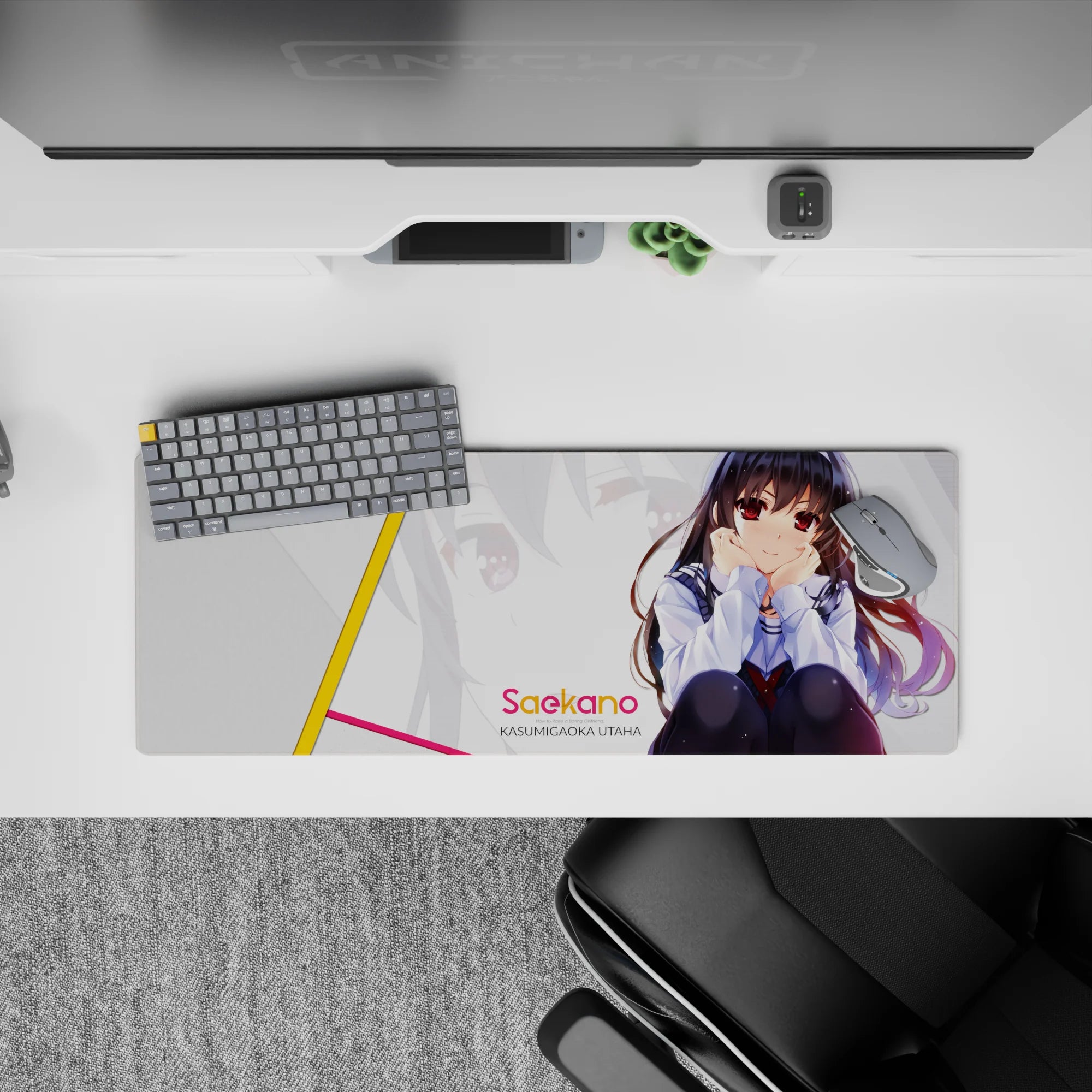 32x12 inches anime desk mat in soft whites with bold yellow and pink diagonals, flirty modern pastel vibe.
