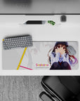 32x12 inches anime desk mat in soft whites with bold yellow and pink diagonals, flirty modern pastel vibe.