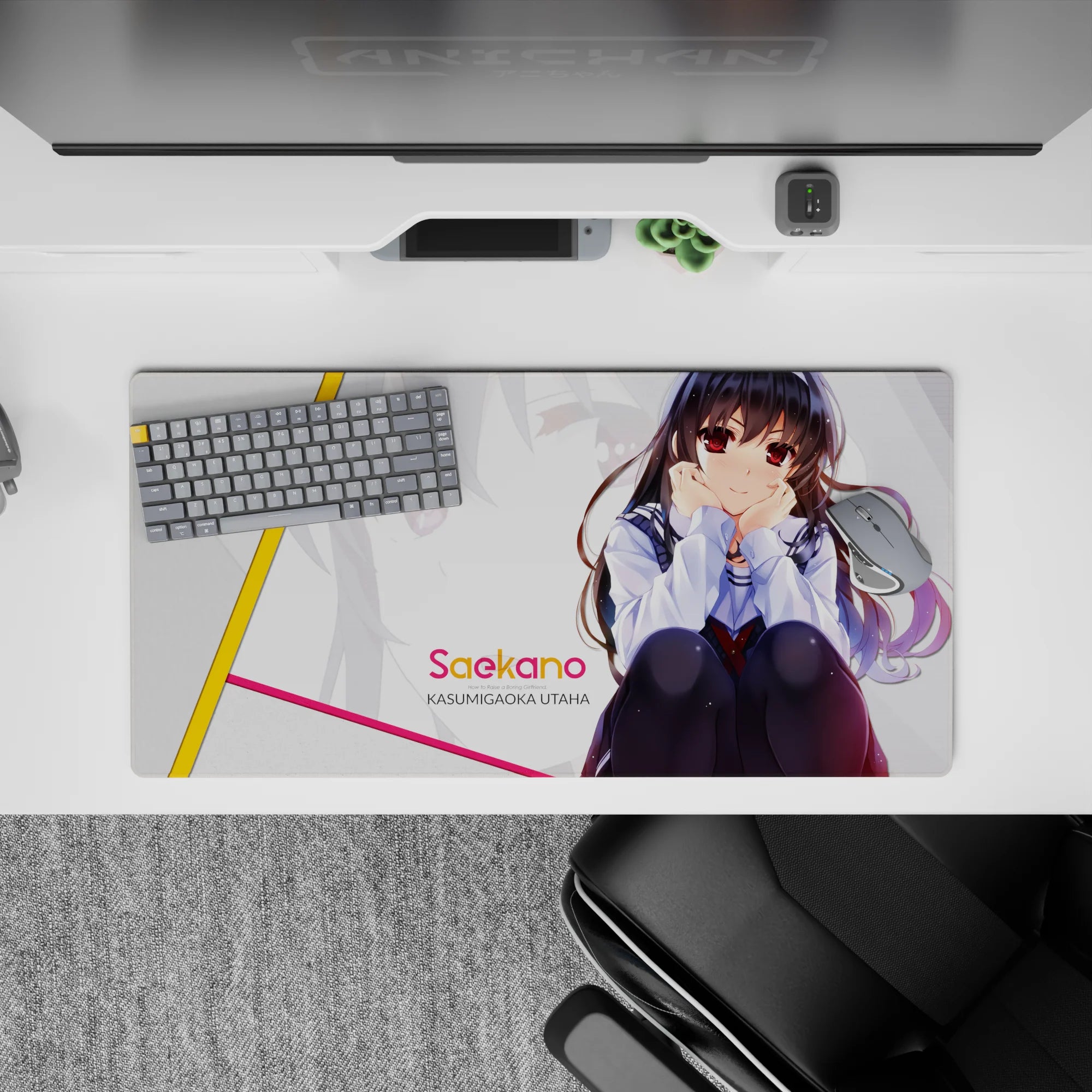 32x16 inches anime girl mouse pad in soft whites with yellow and pink stripes, flirty modern vibe.