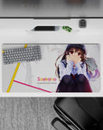 32x16 inches anime girl mouse pad in soft whites with yellow and pink stripes, flirty modern vibe.