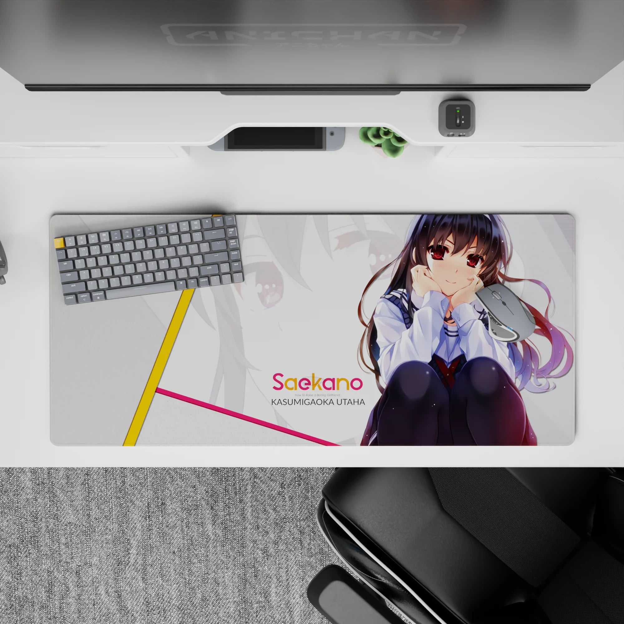 Pastel anime desk pad 36x16 inches in soft whites with bold yellow and pink accents, flirty vibe.