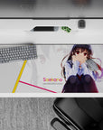 Pastel anime desk pad 36x16 inches in soft whites with bold yellow and pink accents, flirty vibe.