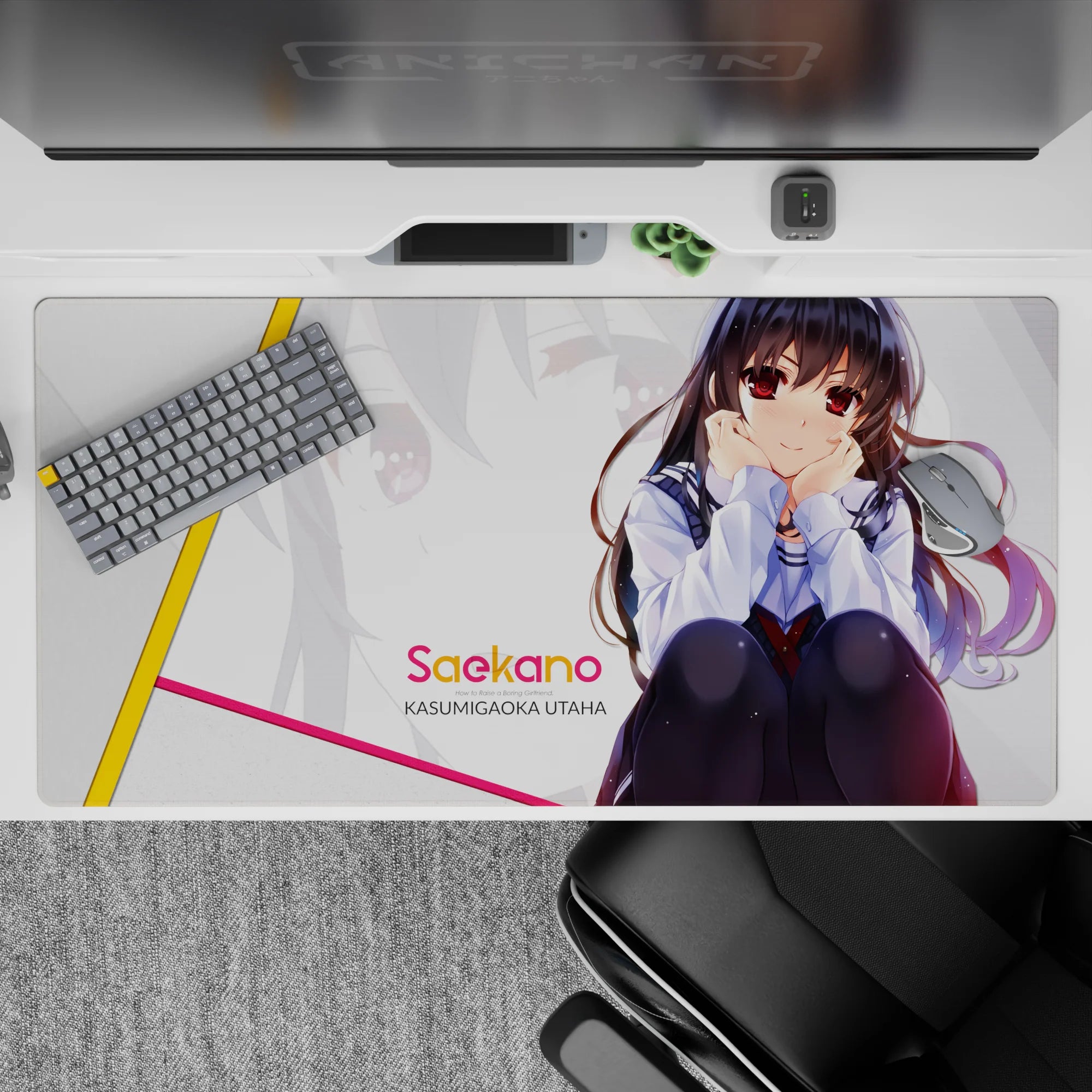 40x20 inches anime desk pad in soft whites with bold yellow and pink stripes, flirty pastel vibe.