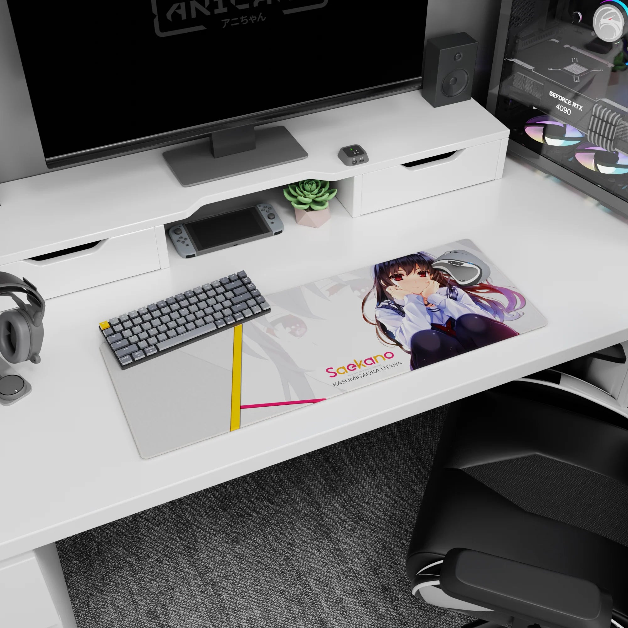 32x12 inches Saekano mouse pad featuring Kasumigaoka Utaha with deep red eyes and flowing dark hair.