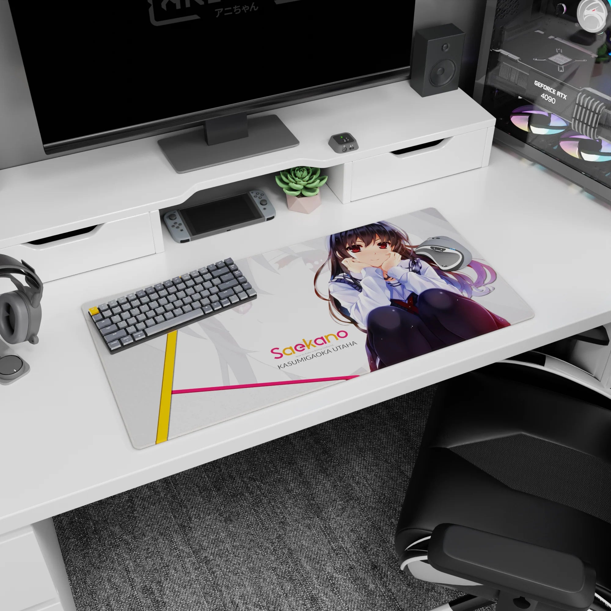 32x16 inches Saekano mouse pad featuring Kasumigaoka Utaha, shy pose, deep red eyes, flowing dark hair.