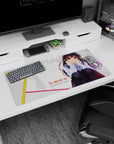 32x16 inches Saekano mouse pad featuring Kasumigaoka Utaha, shy pose, deep red eyes, flowing dark hair.