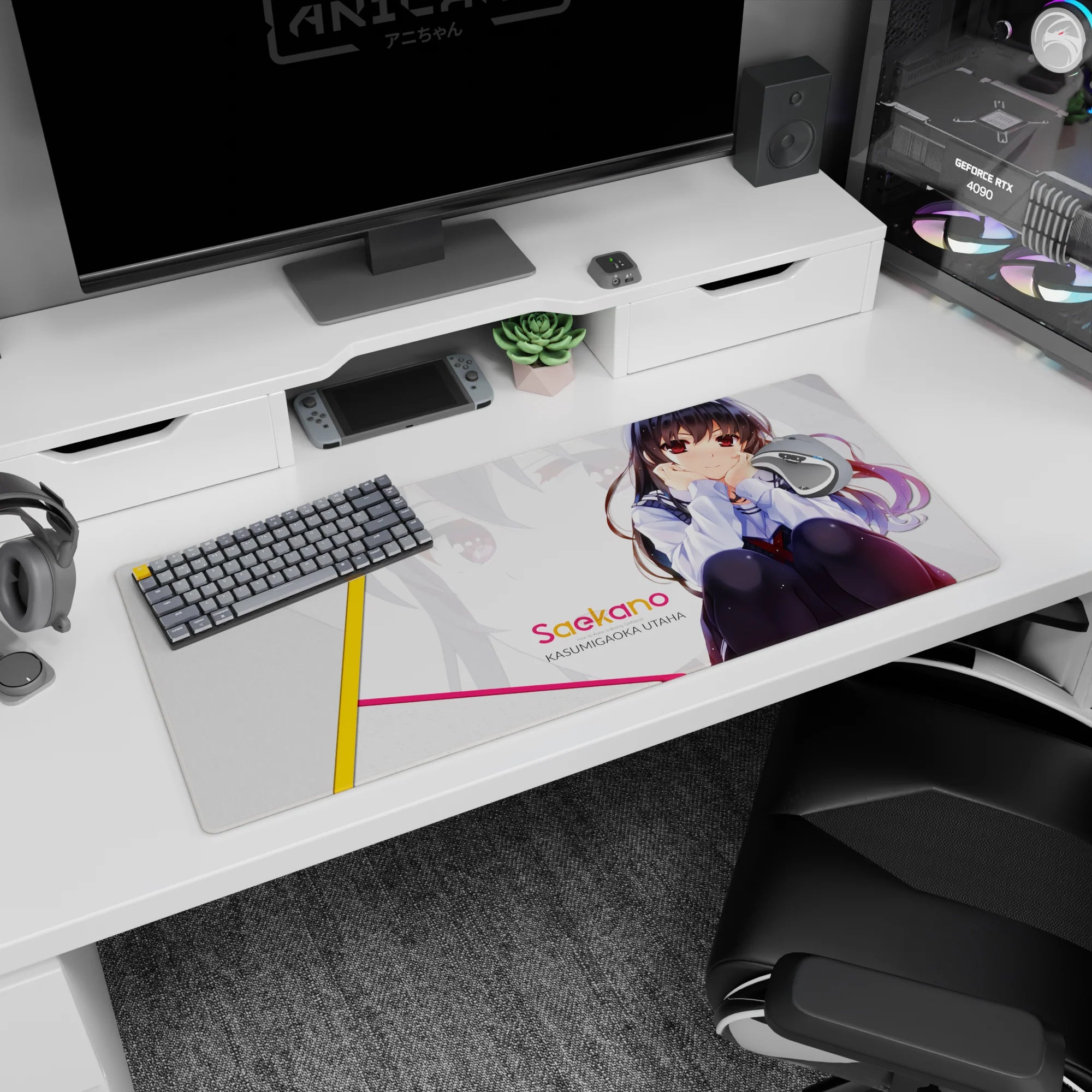 Saekano Kasumigaoka Utaha desk pad 36x16 inches featuring red eyes and flowing dark hair at your desk.