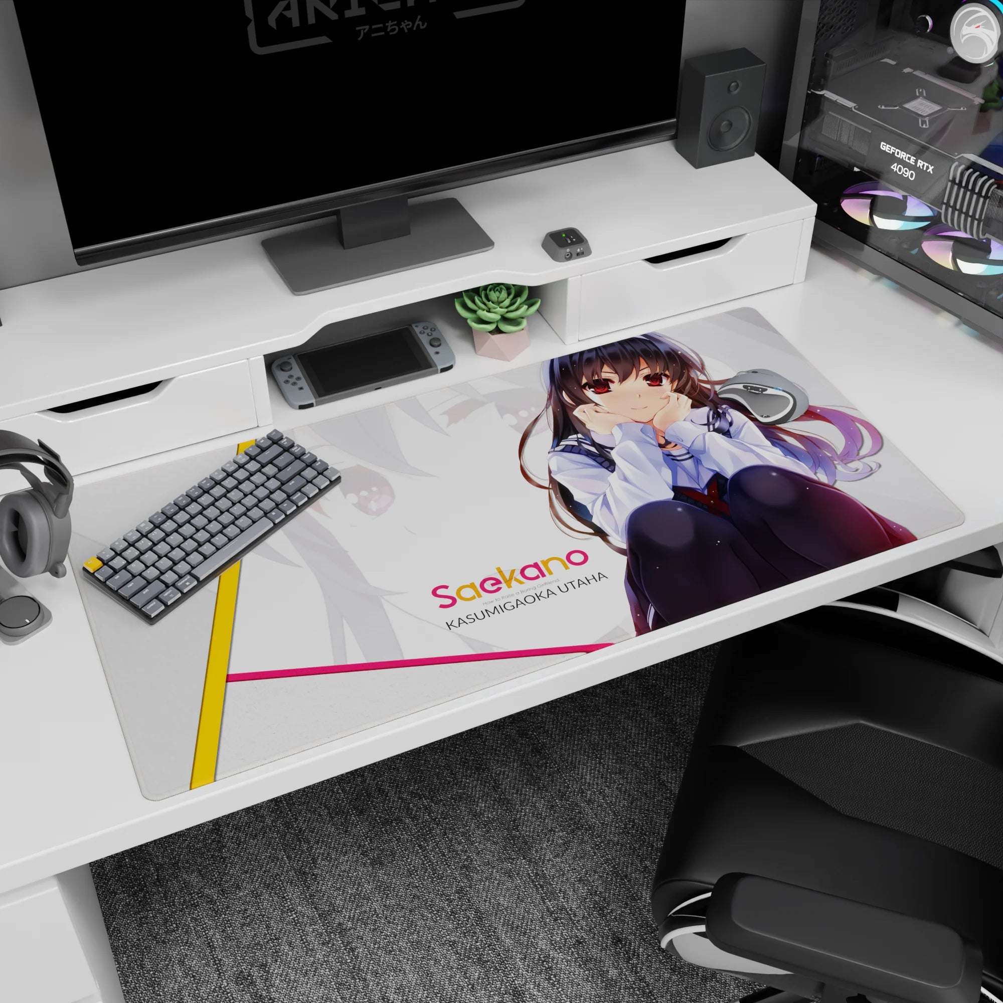 40x20 inches Saekano desk pad featuring Kasumigaoka Utaha shy pose, red eyes and flowing dark hair.