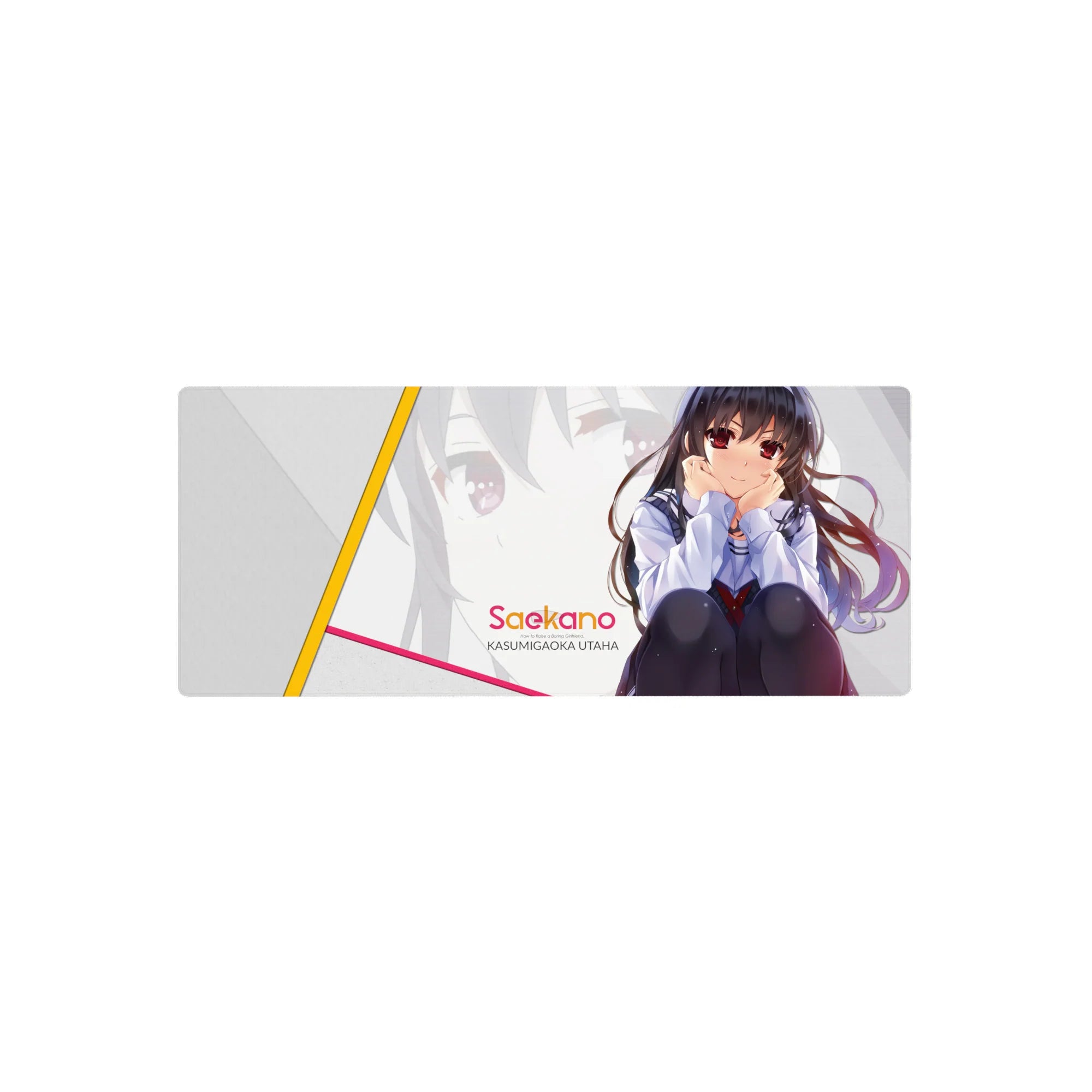 Saekano anime girl mouse pad 28x12 inches with pastel layout and bold diagonal yellow and pink accents.