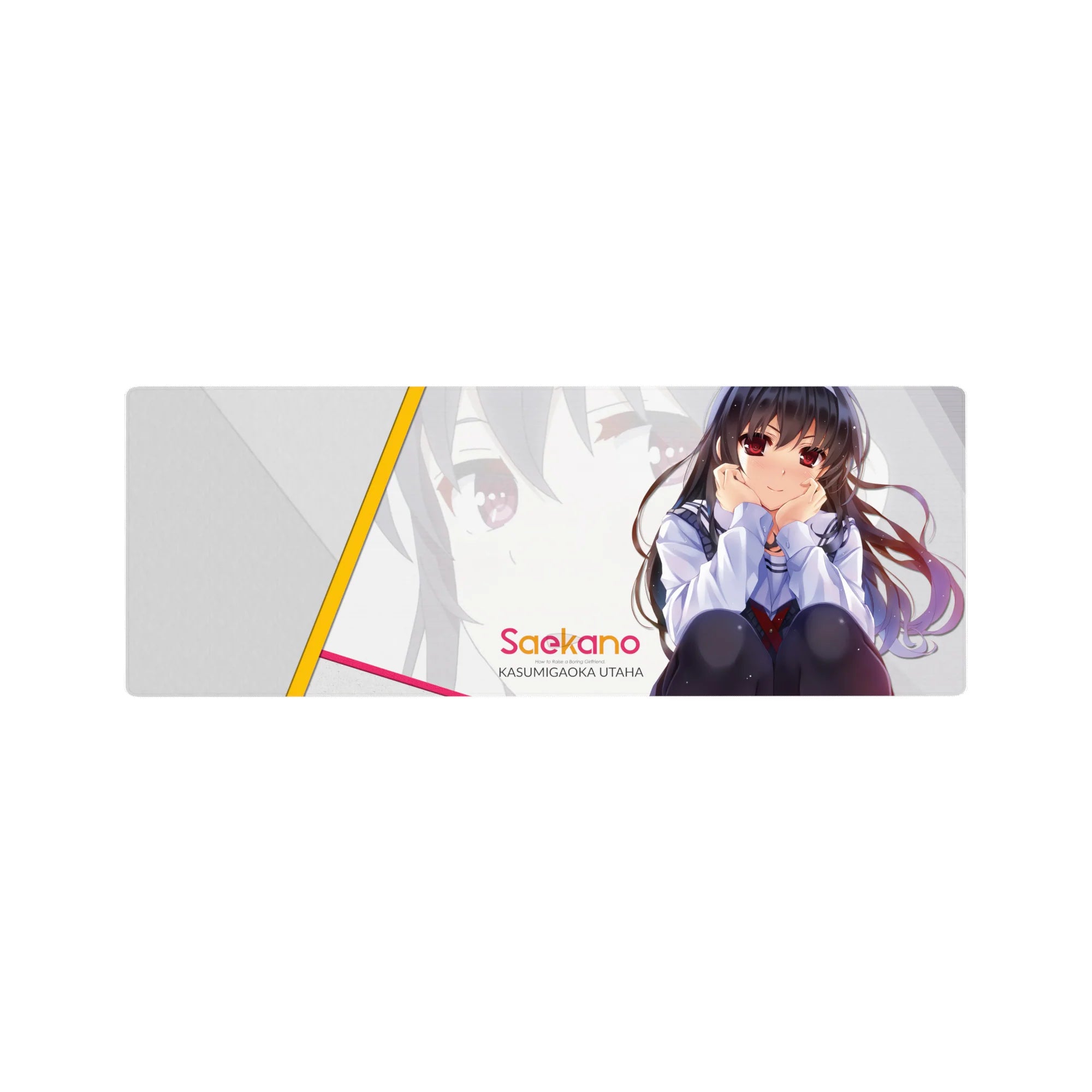 32x12 inches anime girl mouse pad with shy pose, red eyes, dark hair, clean pastel layout, diagonal accents.