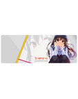 32x12 inches anime girl mouse pad with shy pose, red eyes, dark hair, clean pastel layout, diagonal accents.