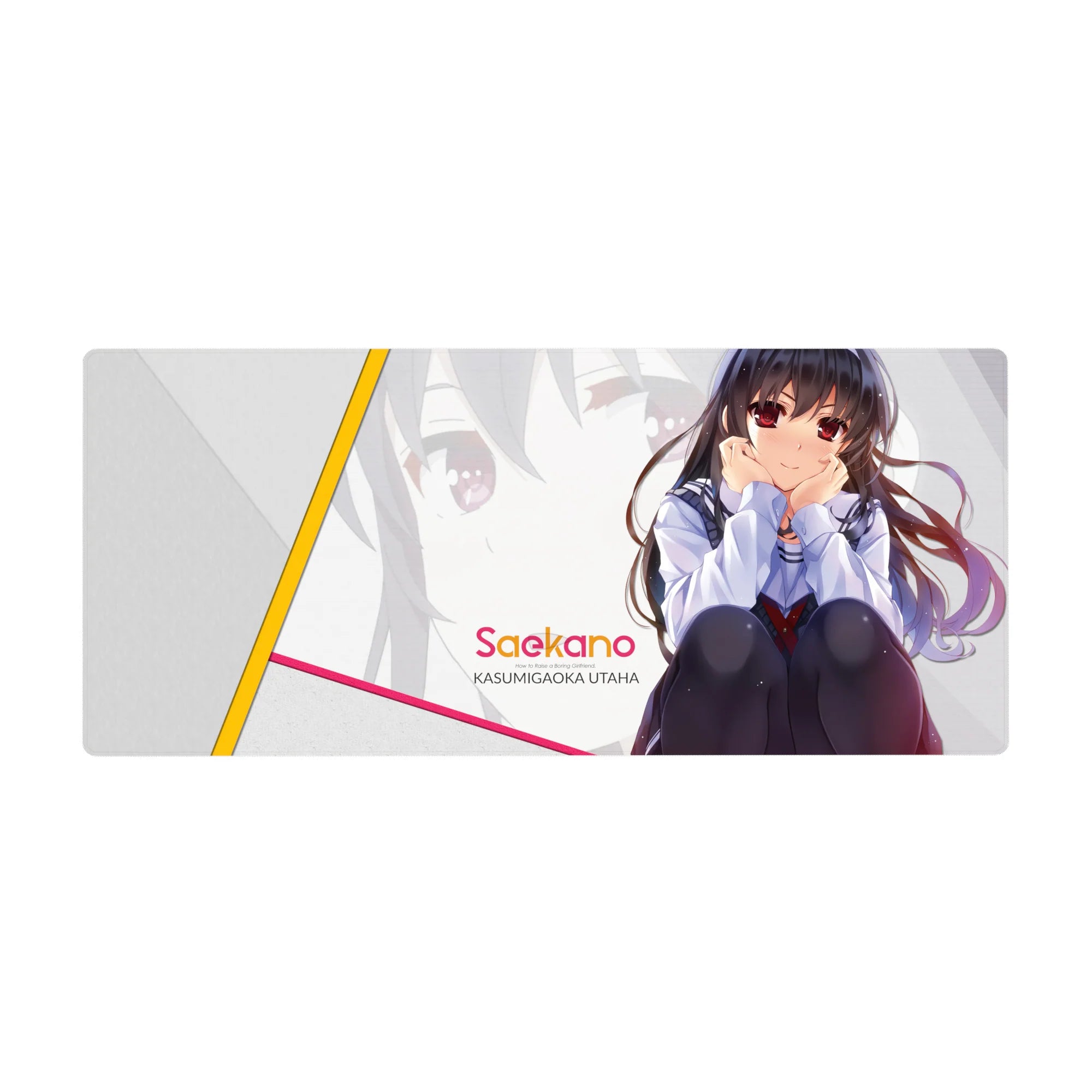 Anime girl desk pad 36x16 inches with shy pose artwork, clean pastel layout, and diagonal accents.