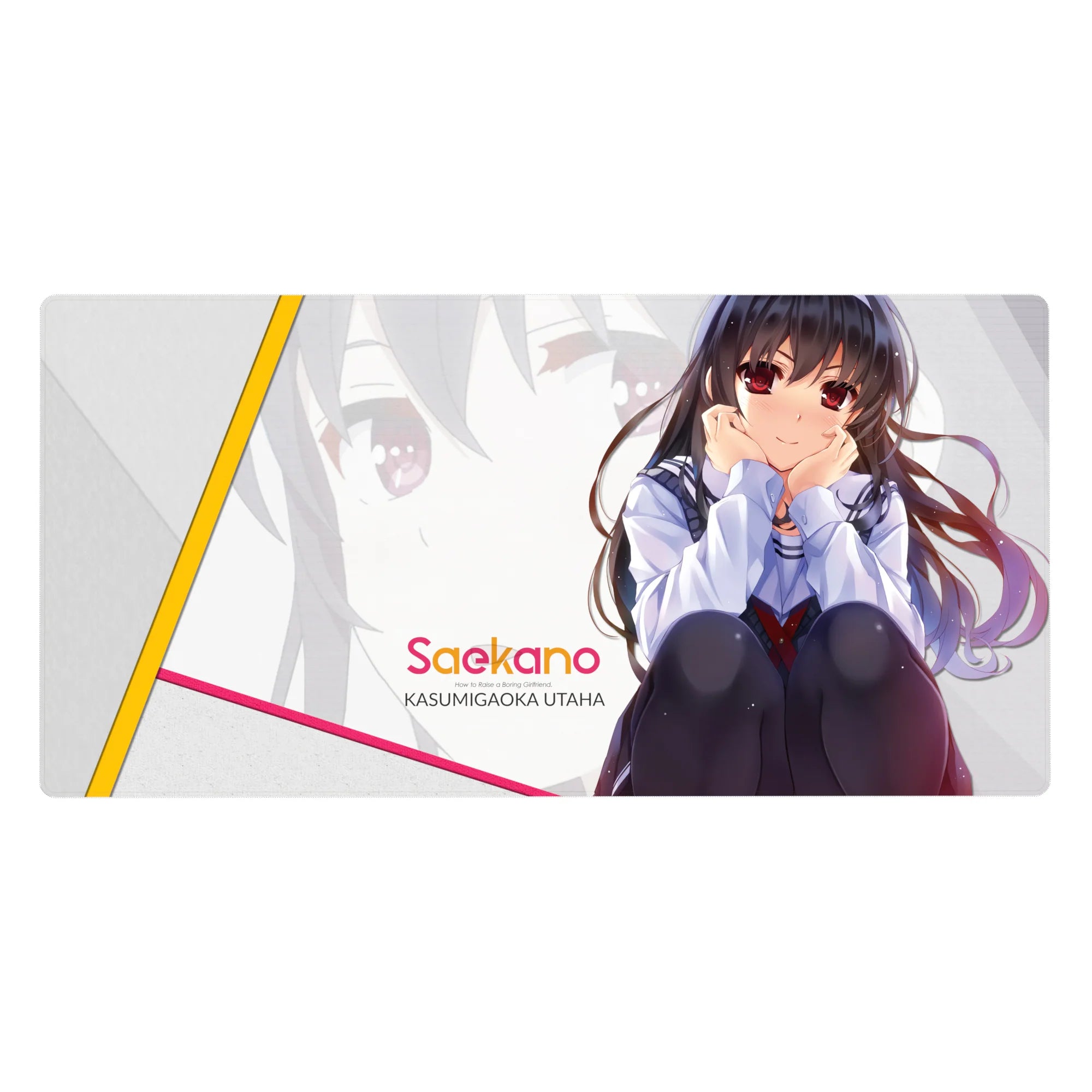 40x20 inches anime girl desk pad with Utaha artwork, clean pastel layout and diagonal yellow-pink accents.