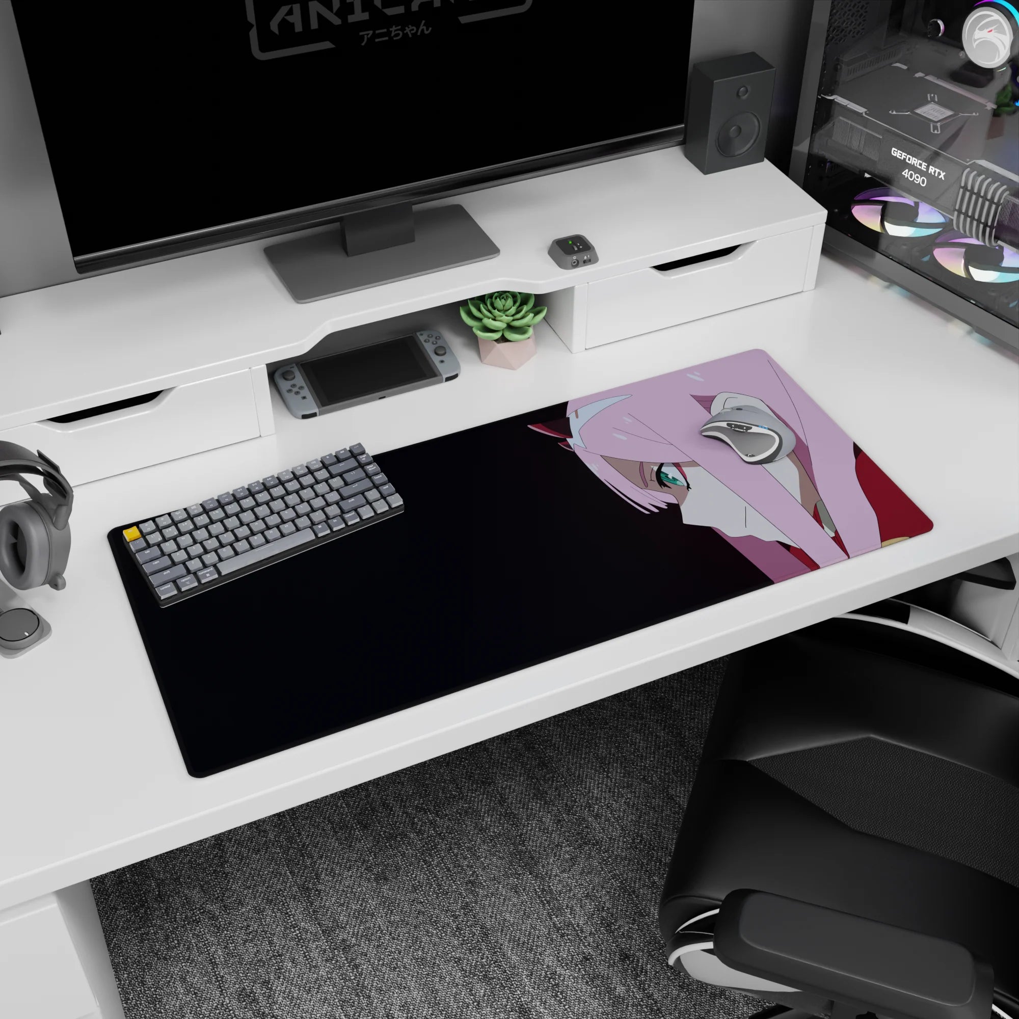 Bold 36x16 desk pad featuring confident anime smirk, piercing teal eyes, and dark gradient background for sleek vibe