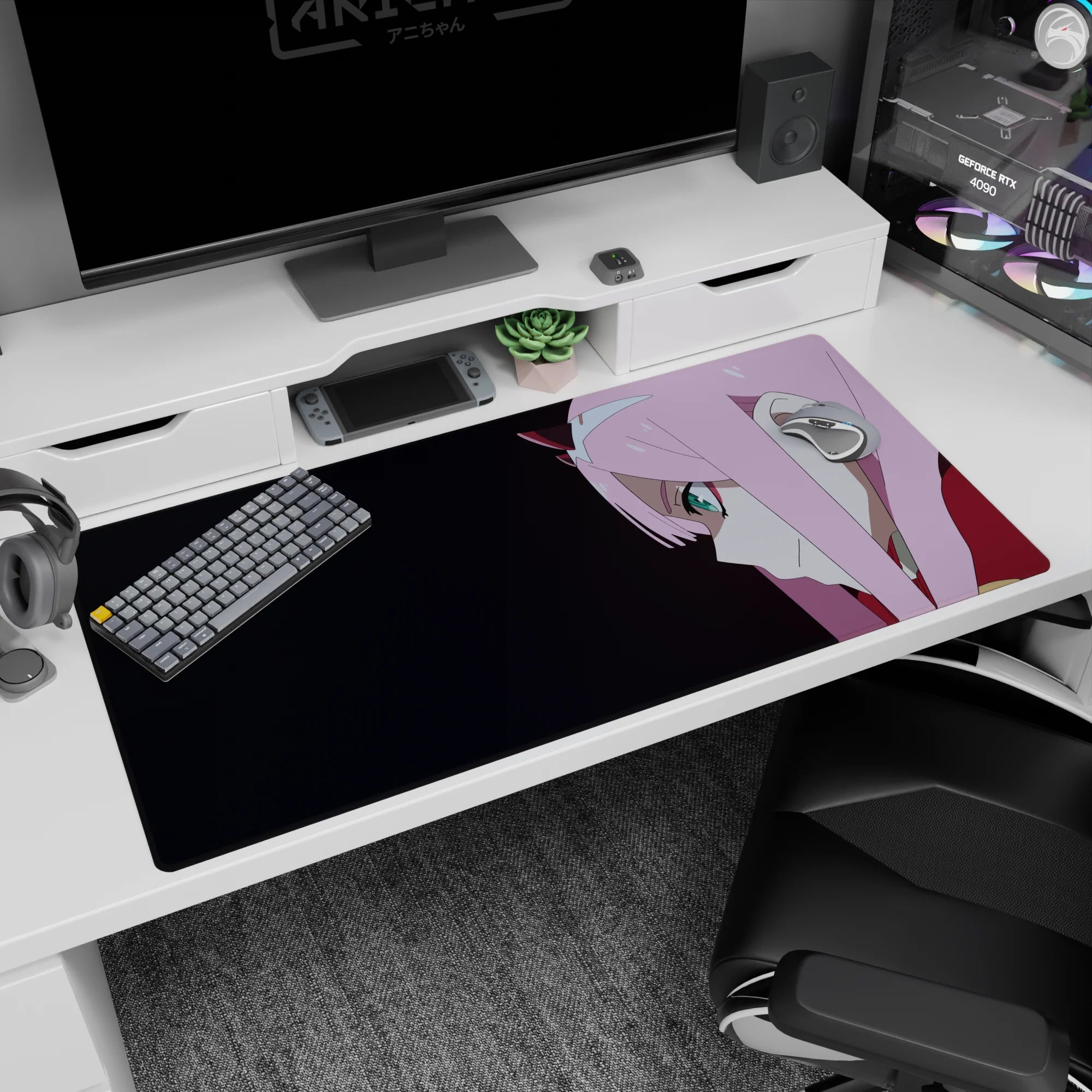 Anime-inspired 40x20 desk mat with close-up of smirk and teal eyes, dark gradient background adding bold style