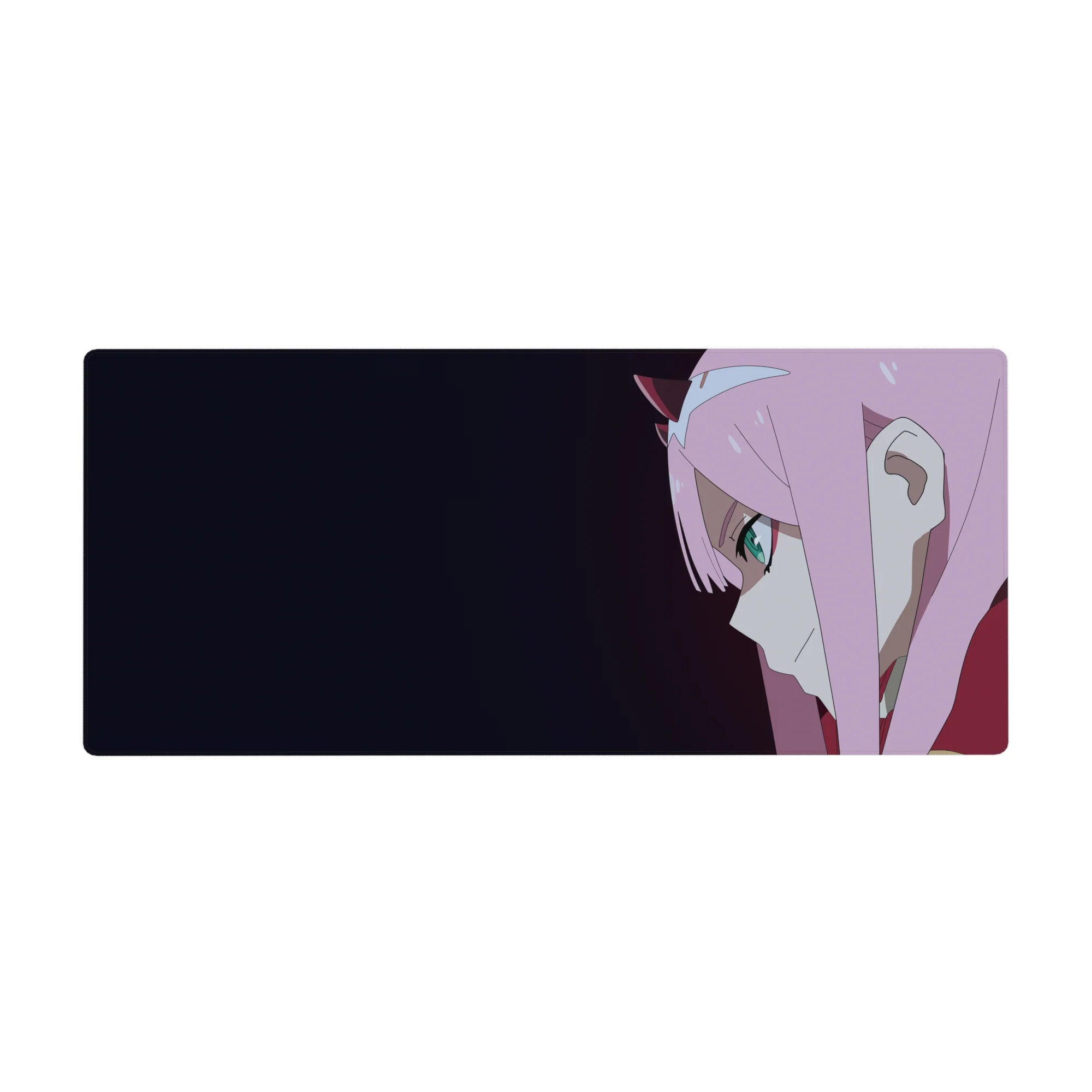 Minimalist 36x16 desk pad with close-up anime art, piercing teal eyes, and dark gradient background for sleek aesthetic