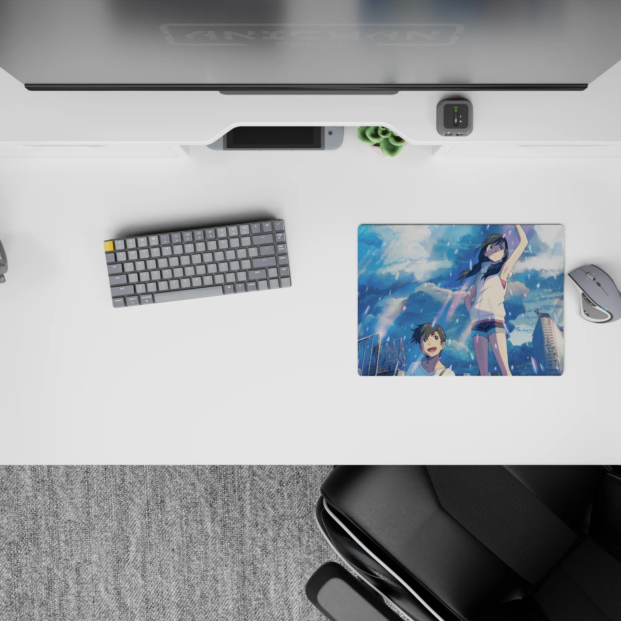 Pastel sky-blue glow classic anime mouse pad 14x10 inches, sparkly highlights and carefree summer vibe.