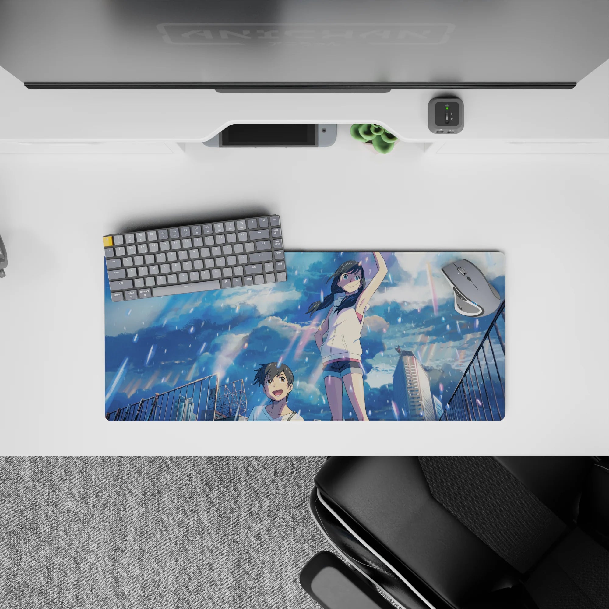 28x12 inches anime desk mat in soft pastels and sky-blue glow, sparkly highlights, carefree vibe.