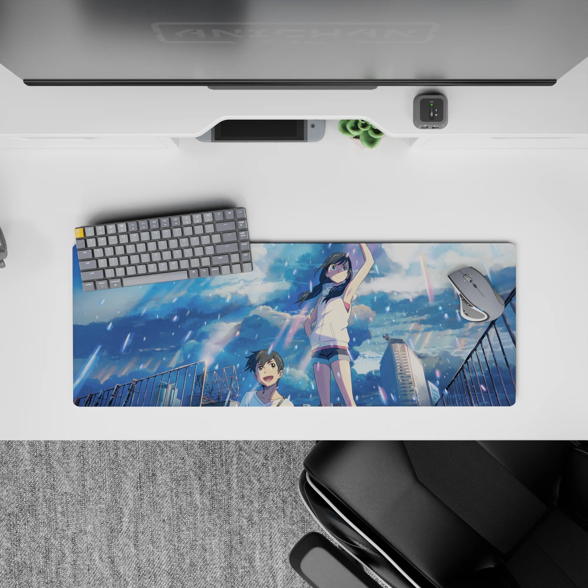 32x12 inches anime mouse pad in soft pastels and sky-blue glow, sparkly highlights, carefree vibe.