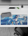 32x12 inches anime mouse pad in soft pastels and sky-blue glow, sparkly highlights, carefree vibe.