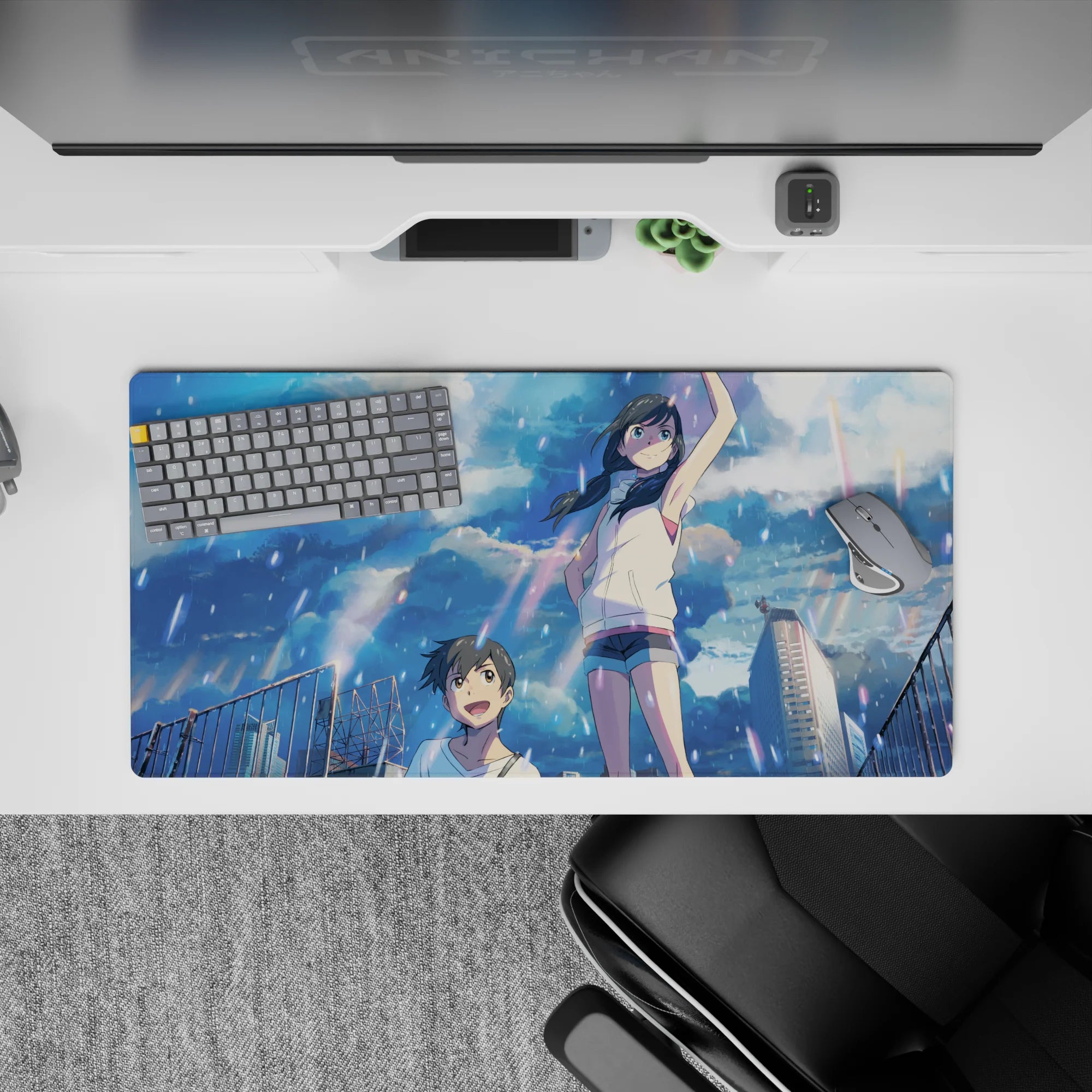 32x16 inches anime desk mat in soft pastels and sky-blue glow, sparkly highlights, carefree summer vibe.