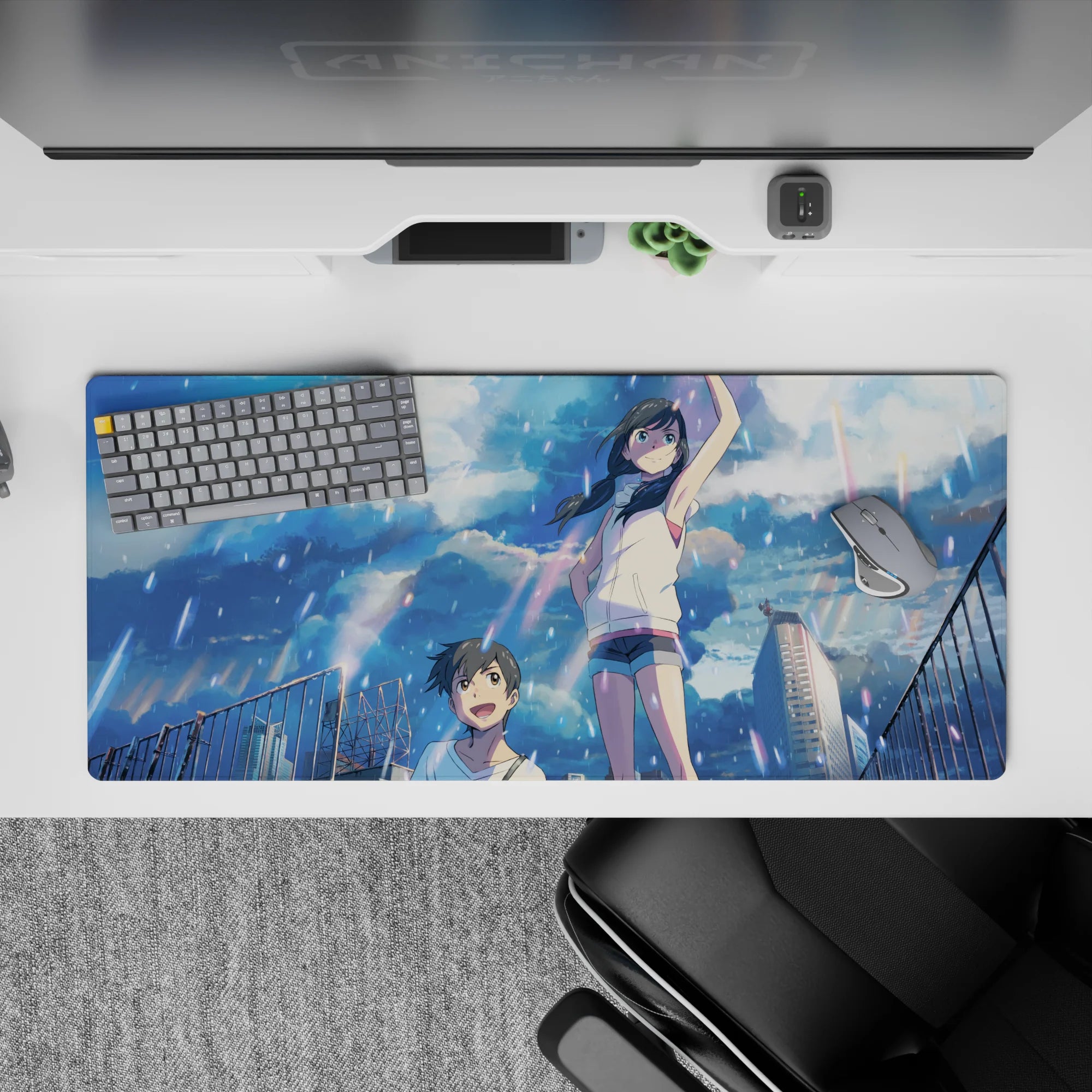 Pastel sky-blue glow anime desk pad 36x16 inches, sparkly highlights and carefree summer rain vibe.