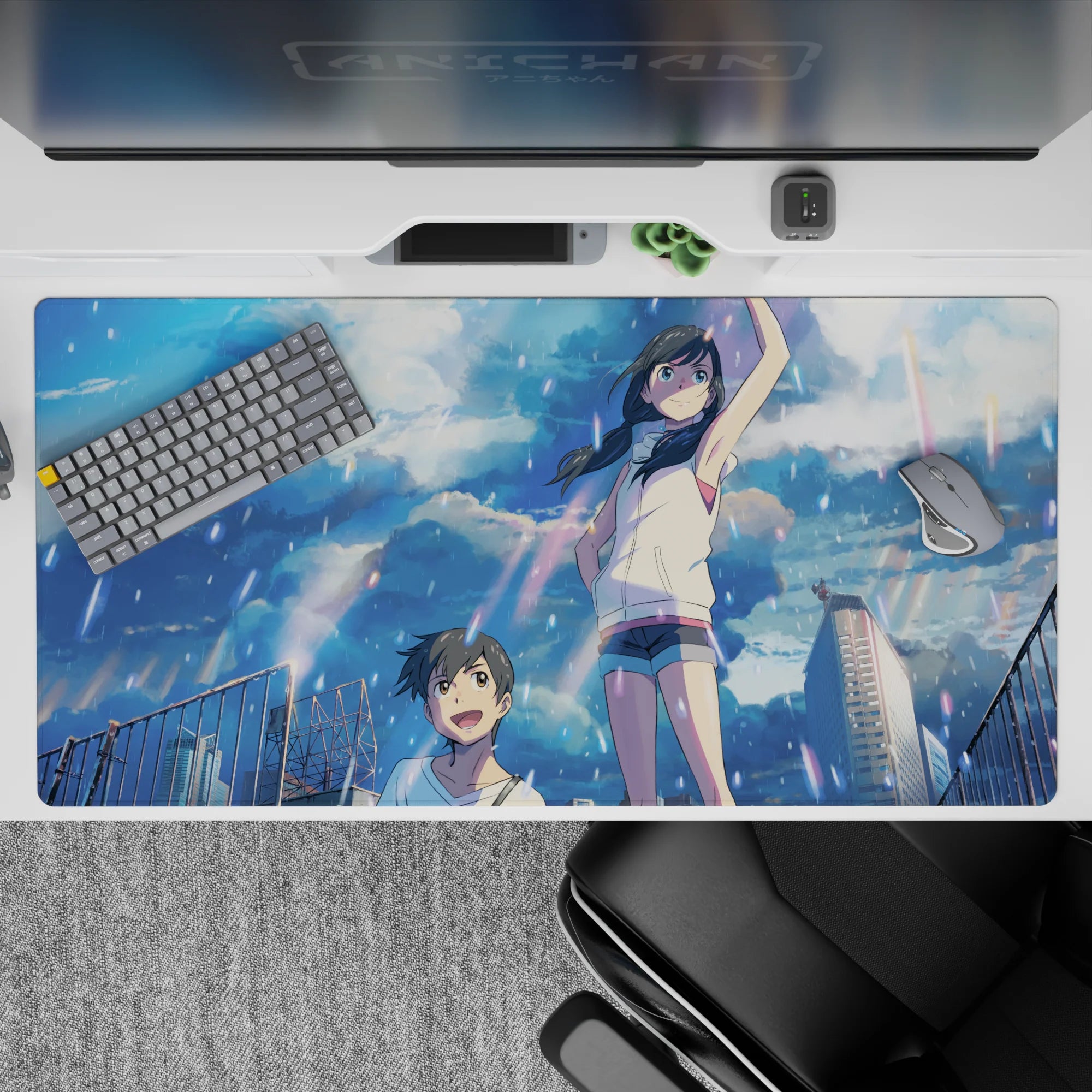 40x20 inches pastel anime desk pad in sky-blue glow with sparkly highlights and carefree rainy-day mood.