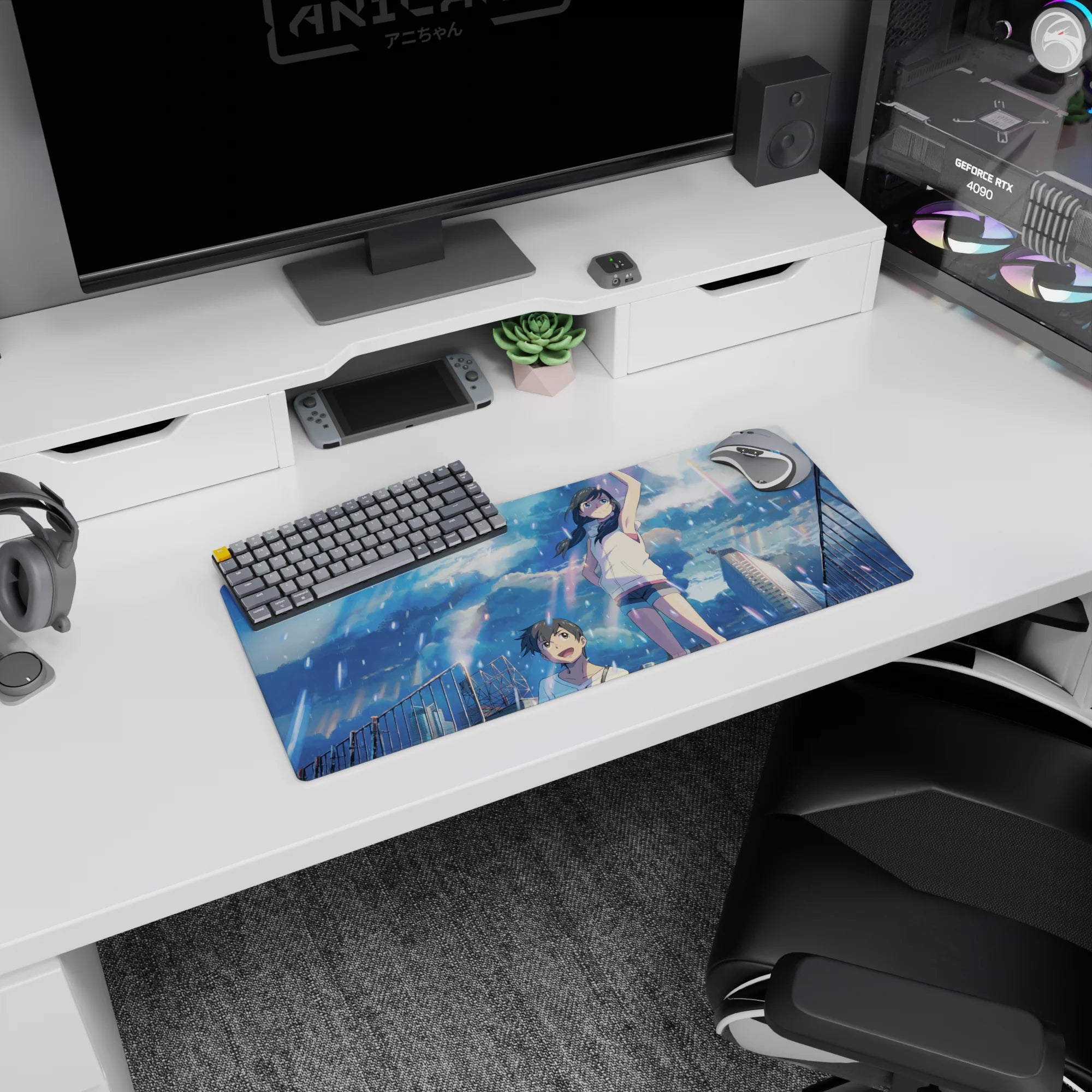 28x12 inches anime mouse pad showing laughing teen girl in white hoodie and boy looking up on a roof.