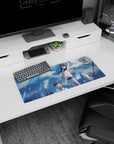 28x12 inches anime mouse pad showing laughing teen girl in white hoodie and boy looking up on a roof.