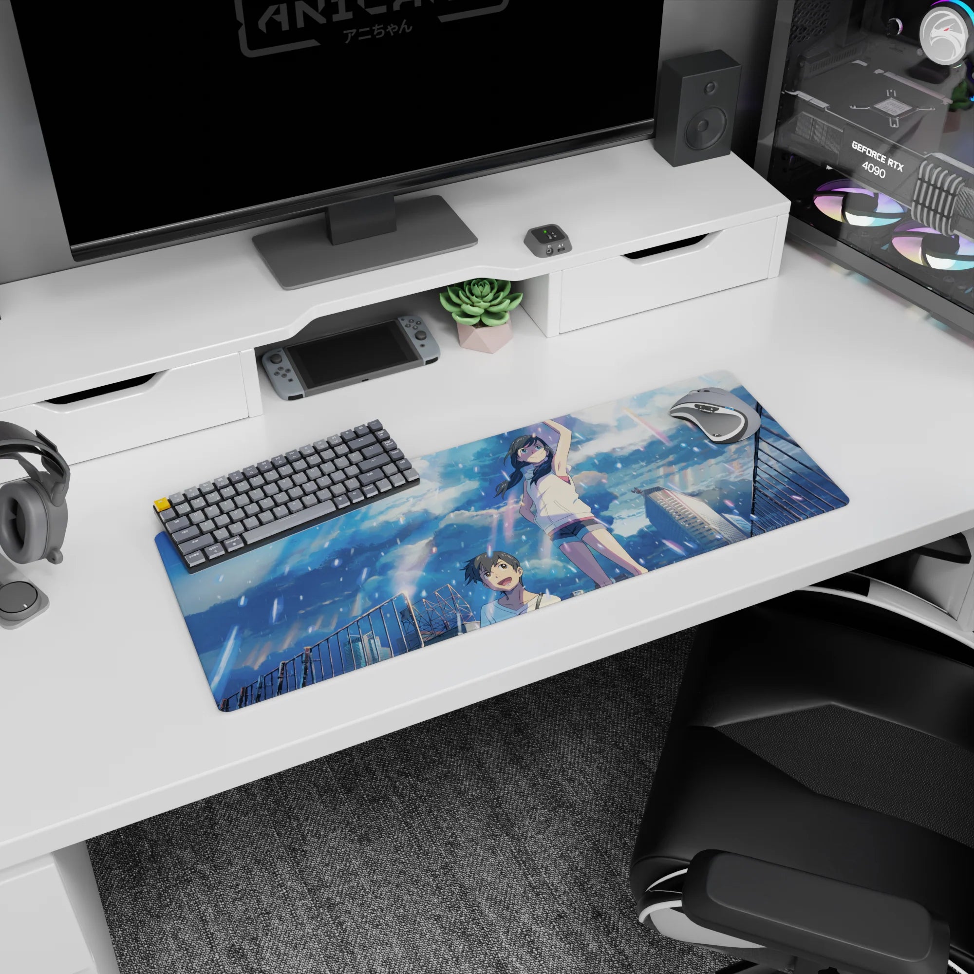 32x12 inches anime mouse pad featuring girl in white sleeveless hoodie and boy smiling under rain.