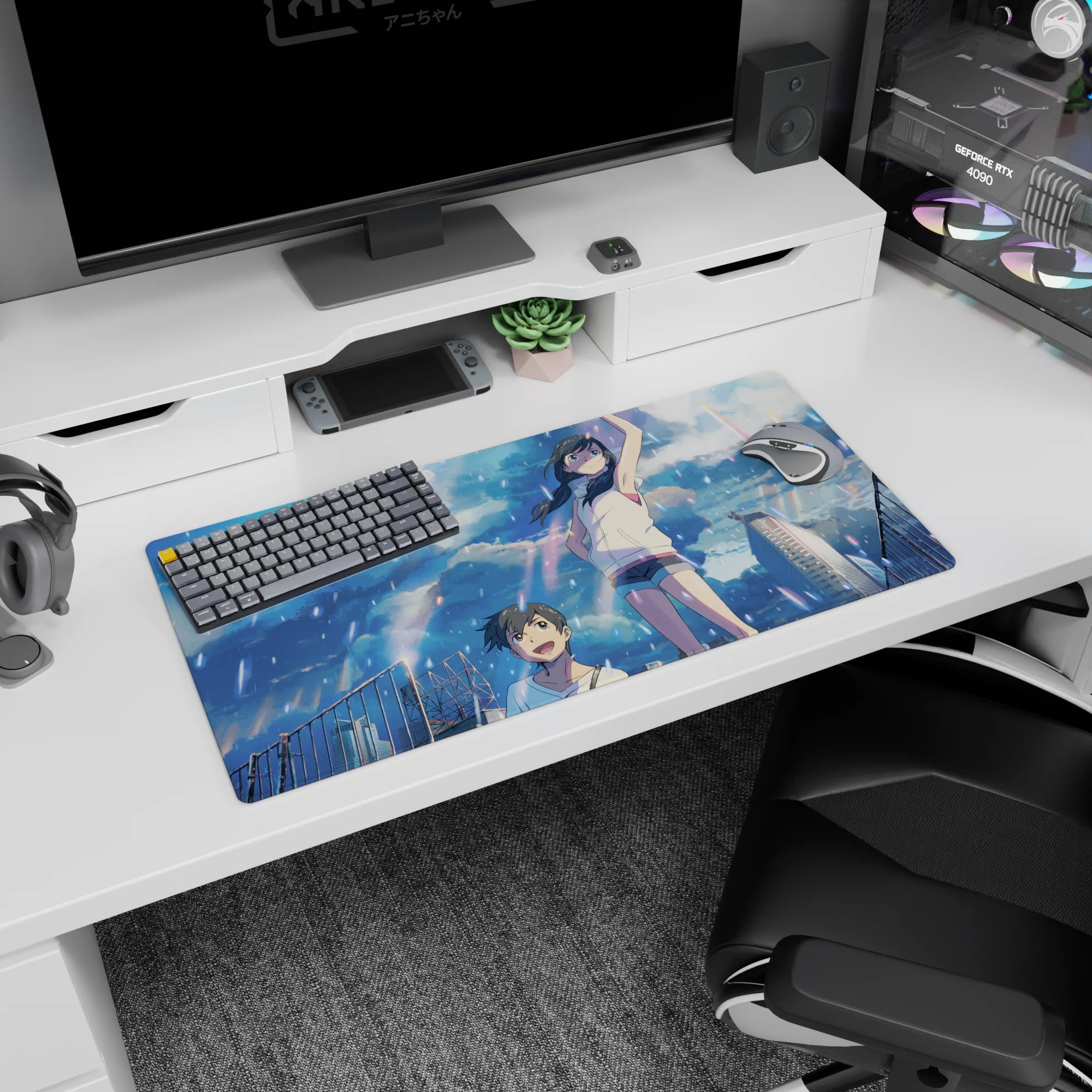 32x16 inches anime mouse pad featuring girl in white sleeveless hoodie and boy smiling, towers behind.