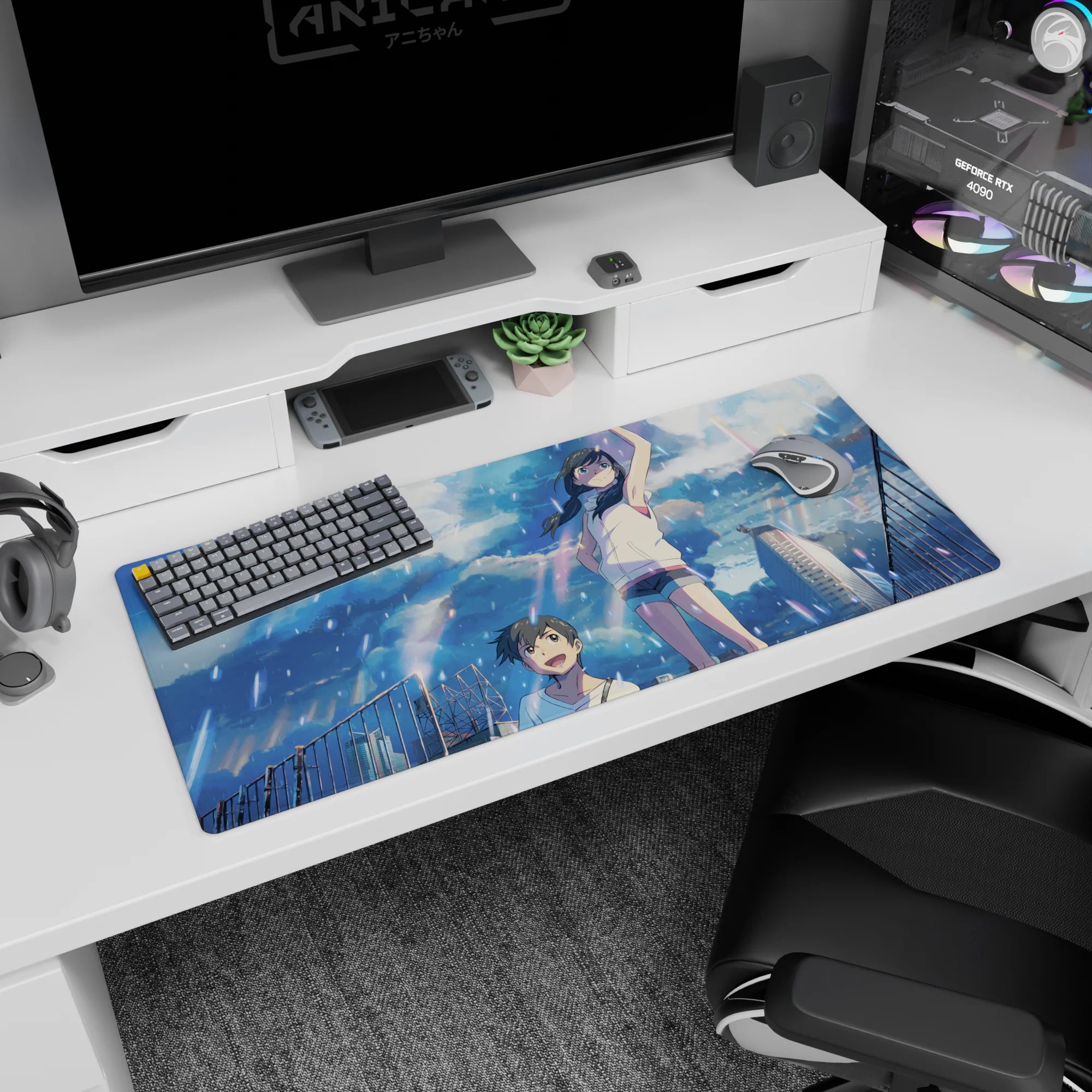 Anime desk pad 36x16 inches showing laughing teens on a rooftop, girl in white hoodie raising her arm.