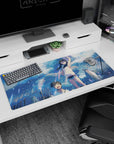 Anime desk pad 36x16 inches showing laughing teens on a rooftop, girl in white hoodie raising her arm.